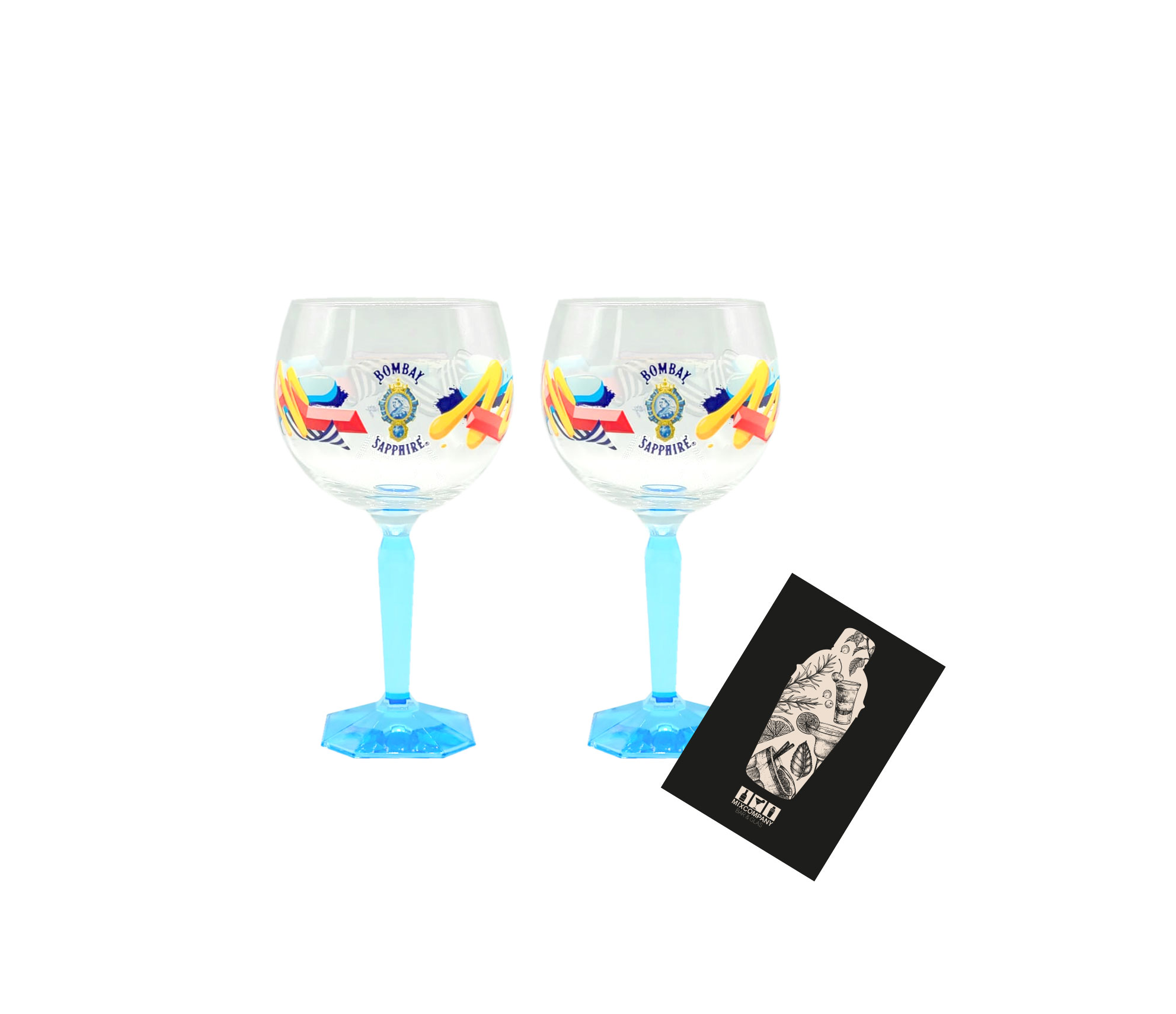 Bombay Sapphire 2er Set Ballon Glas mit Muster bunt Cocktail Glas Gläser eckiger Fuß