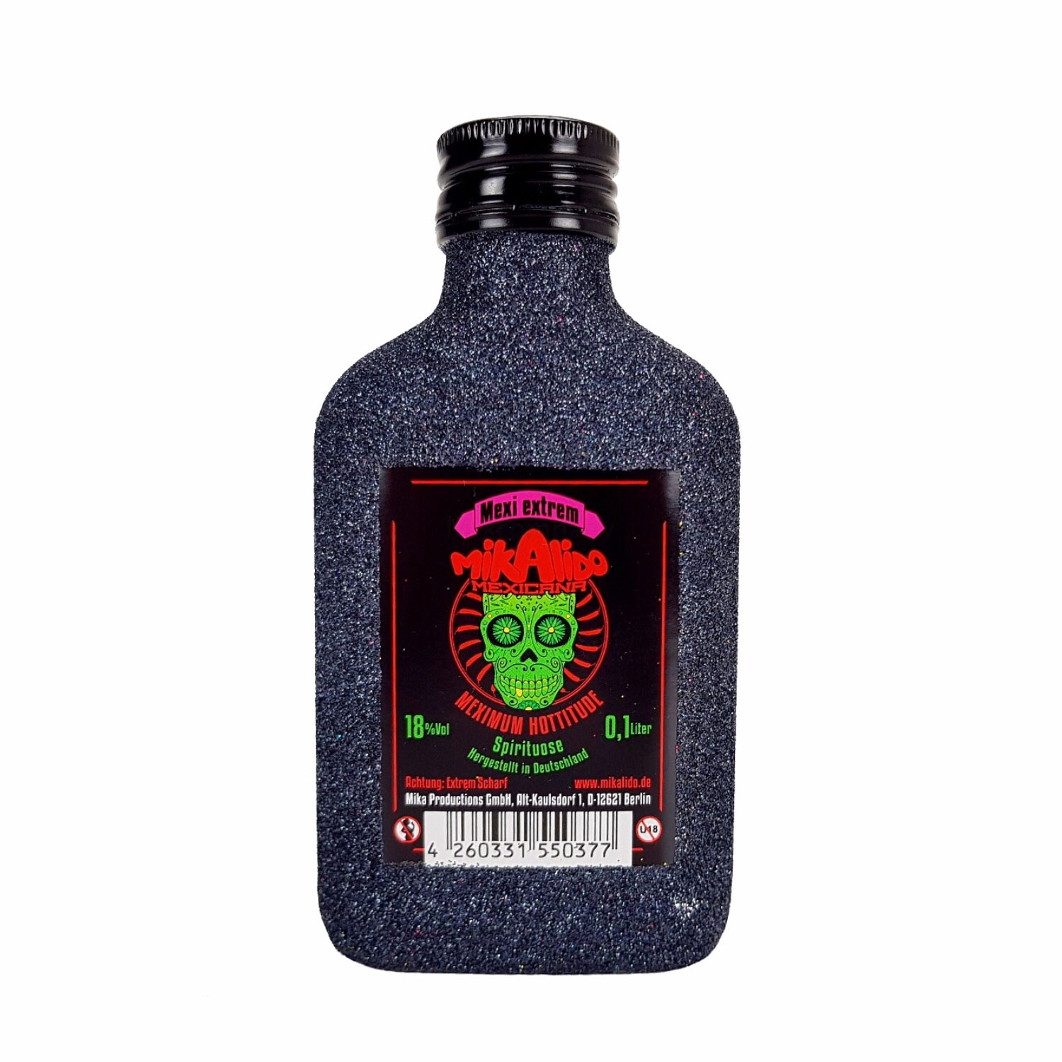 Mikalido Mexicana Mexi extrem scharf Spirituose 0,1l (18% Vol) Blin Bling Glitzerflasche in schwarz -[Enthält Sulfite]