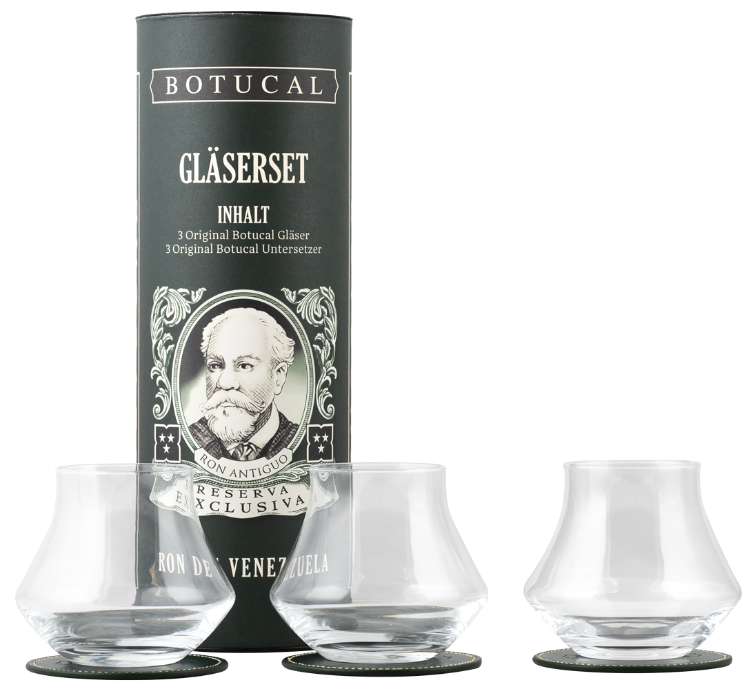Botucal Geschenkset Dose Gläserset - Botucal Dose + 3x Leder Untersetzer + 3x Rum Tumbler Glas Gläser