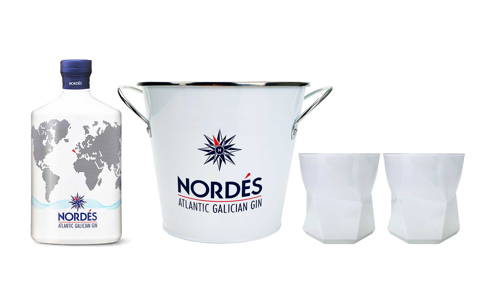 Gin Set - mit Nordes Atlantic aus Galizien 0,7l (40% Vol) -[Enthält Sulfite] Flaschenkühler 2x Nordes Gläser Tumbler weiss