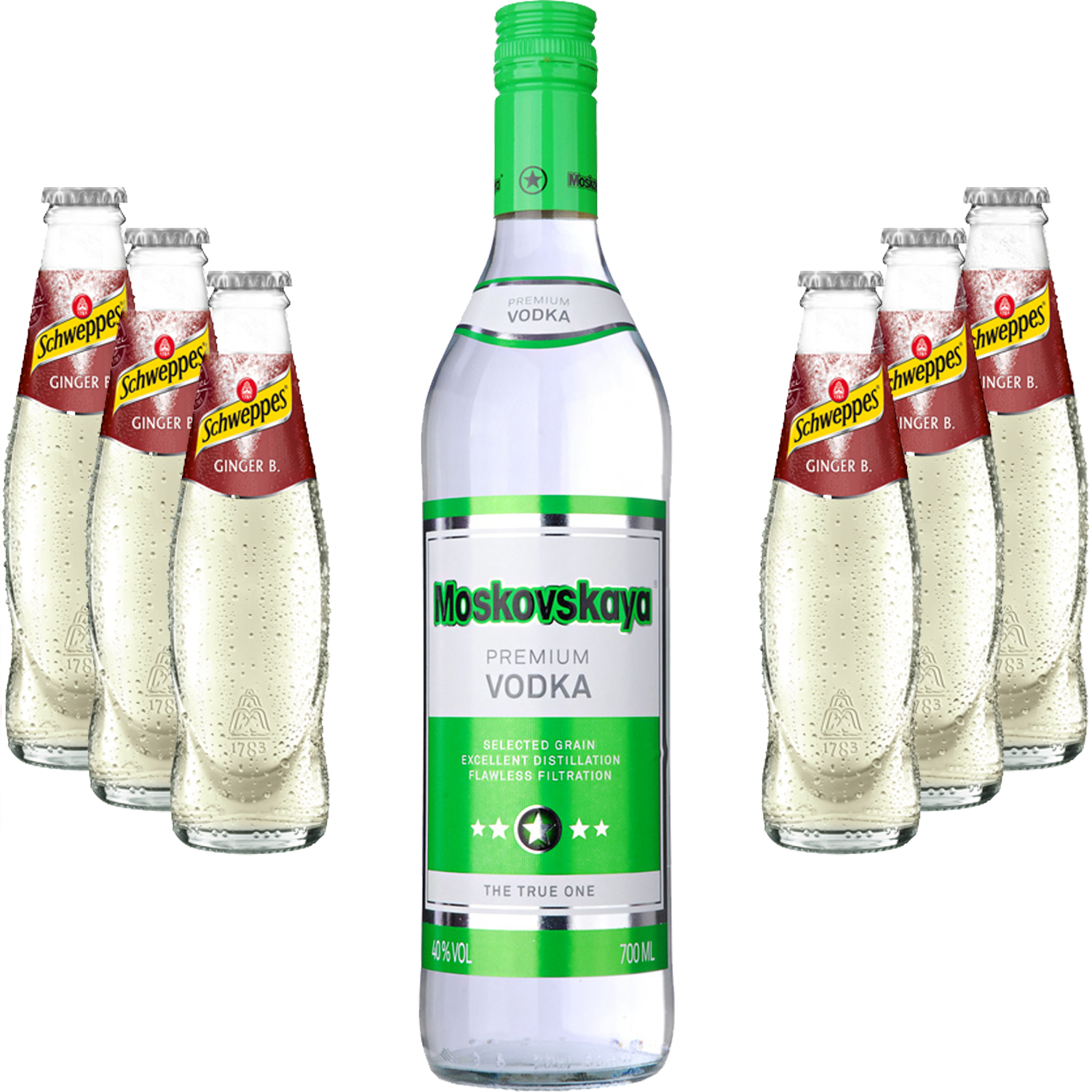 Moscow Mule Set - Moskovskaya Vodka 0,5l (38% Vol) + 6x Schweppes Ginger Beer 200ml - Inkl. Pfand MEHRWEG
