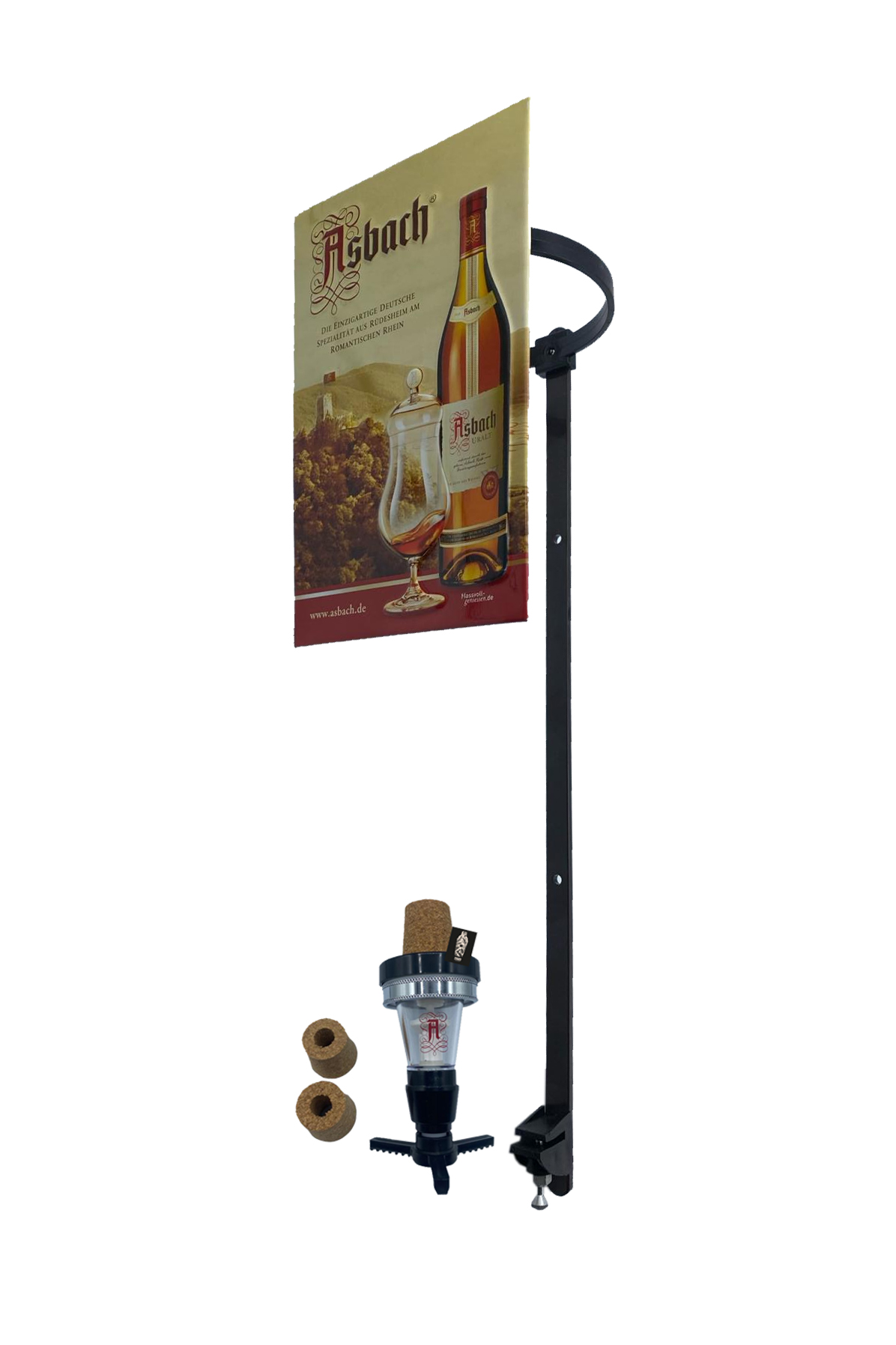 Asbach Uralt Flaschenhalter Wandhalterung und Blech für 3 liter Flasche inkl. Dosierer / Portionierer 2cl + 1x Ersatzkorken