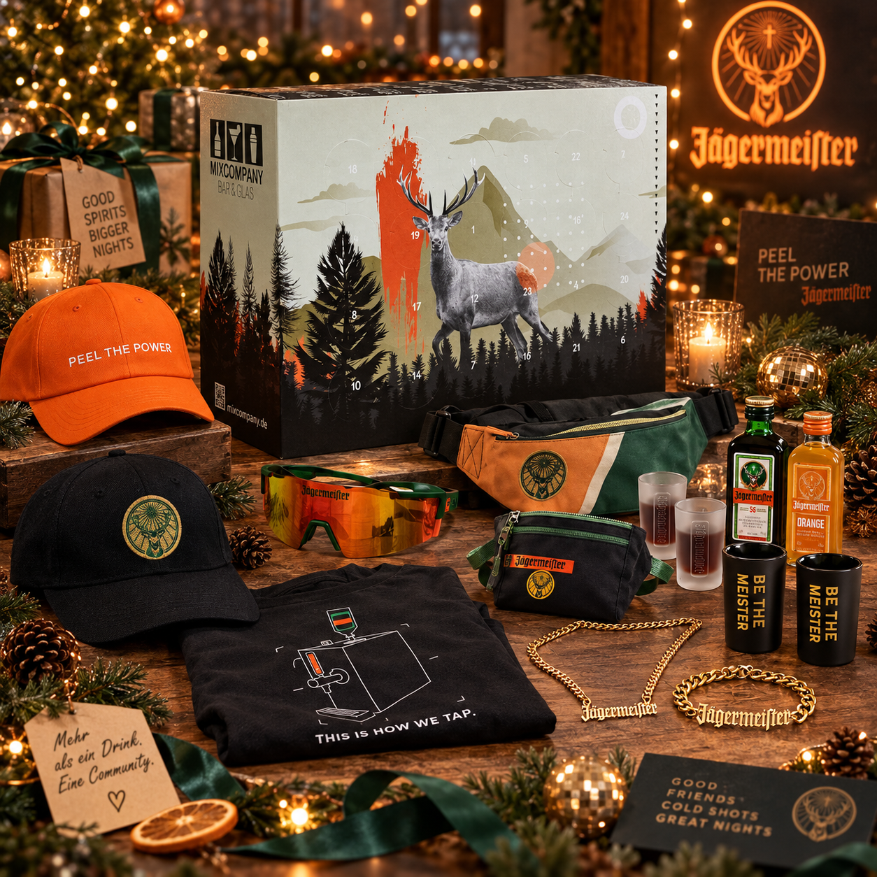 Jägermeister Adventskalender – 24 originale Jägermeister Produkte & Zubehör | Geschenkset inkl. Likör-Miniaturen | Adventskalender Fan Paket