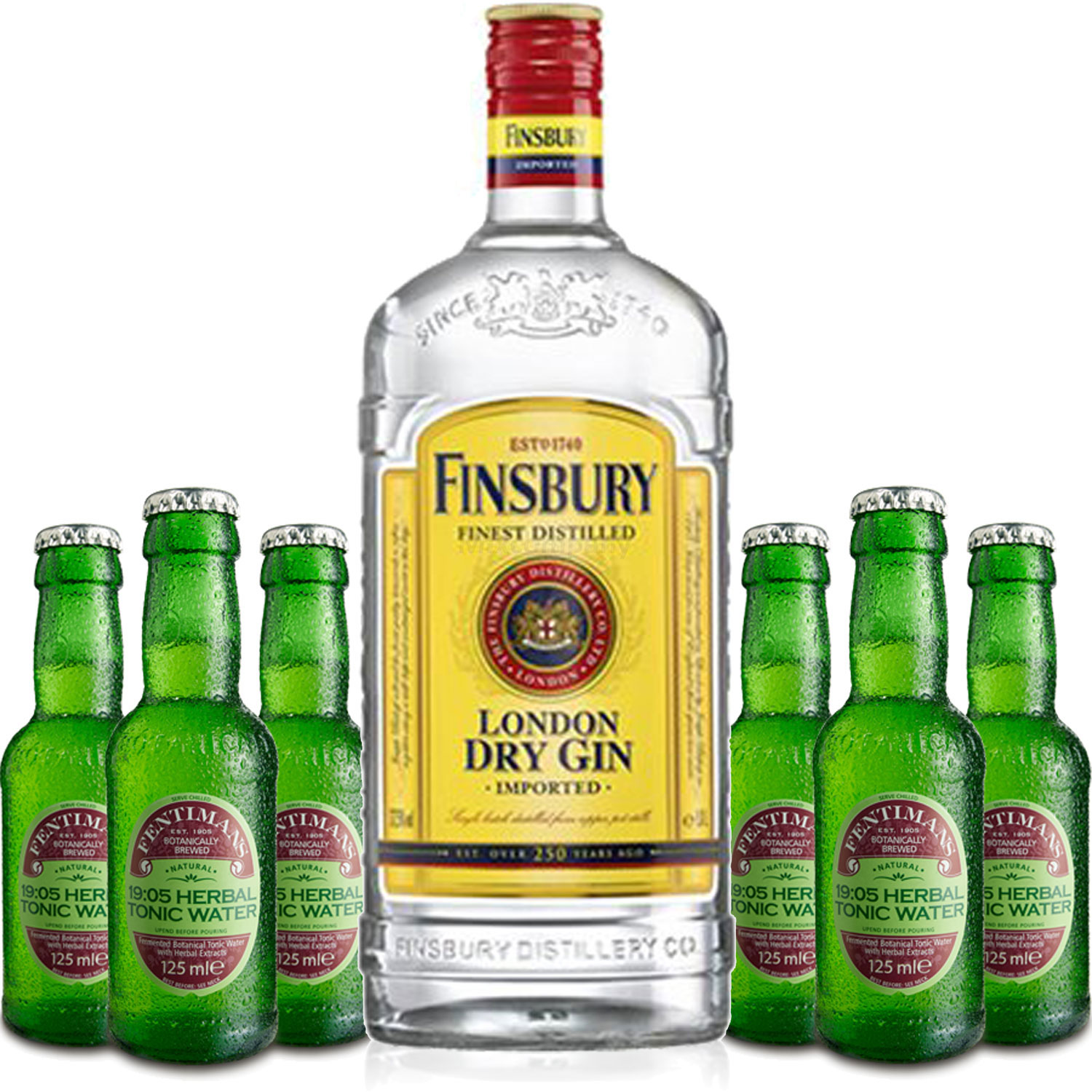 Gin Tonic Set - Finsbury London Dry Gin 0,7l 700ml (37,5% Vol) + 6x Fentimans Herbal Tonic Water 200ml inkl. Pfand MEHRWEG
