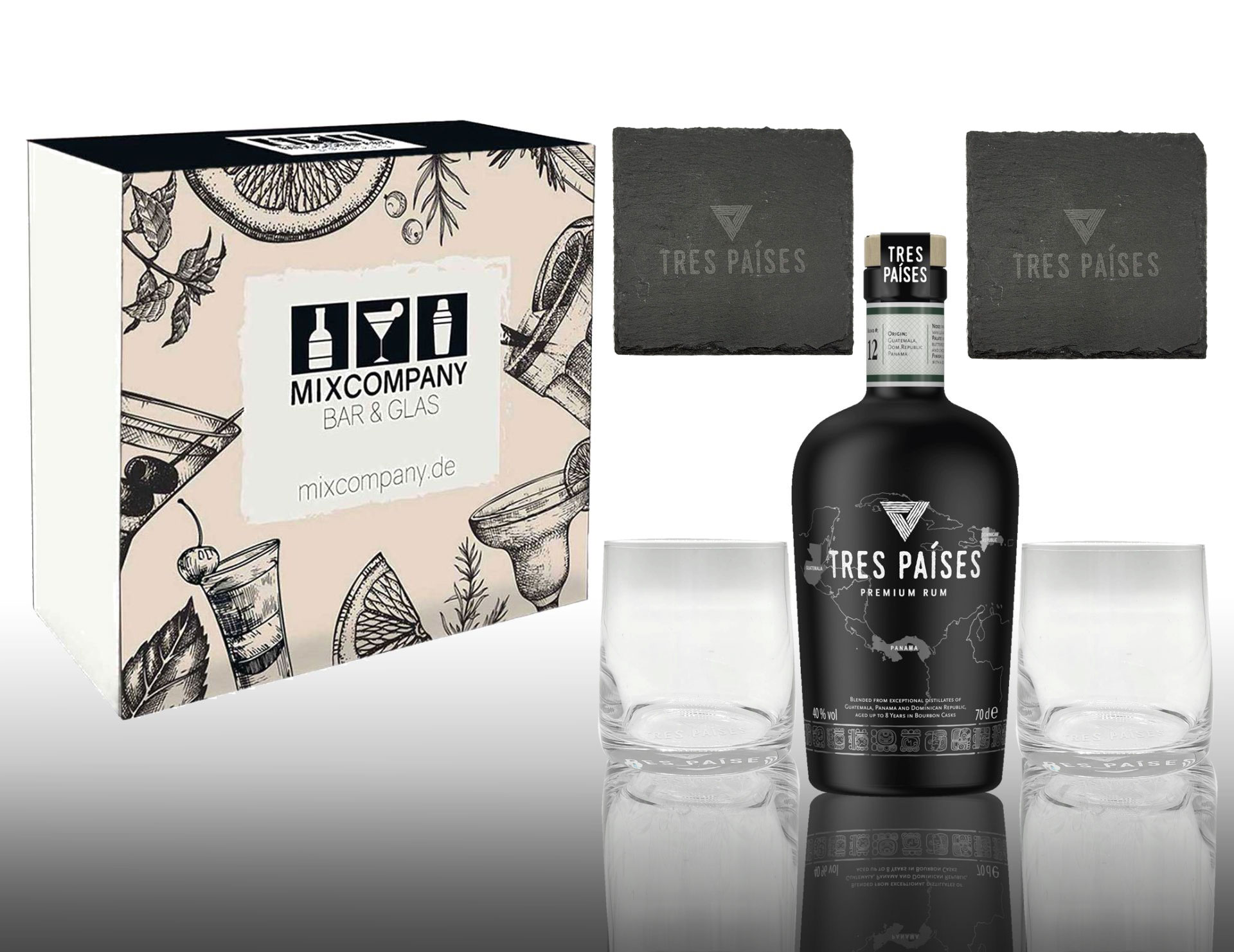 Tres Paises Geschenkset Premium Rum 0,7L (40% Vol) + 2 Tumbler mit Logo + 2 Schieferplatten / Untersetzer - [Enthält Sulfite]