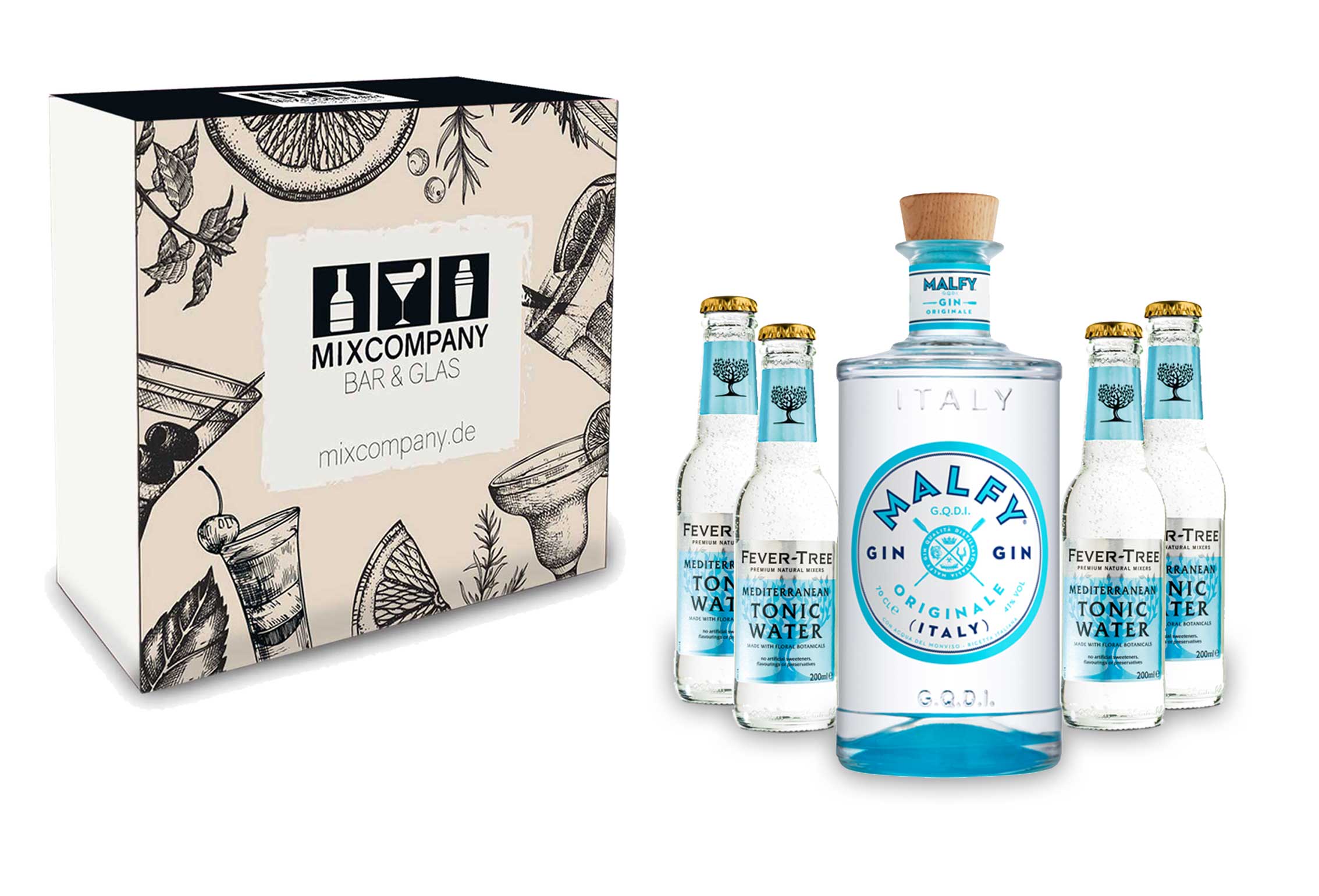 Malfy Gin Tonic Giftbox Set - Malfy Gin Originale 0,7l - 700ml (41% VOL) + 4x Fever-Tree Mediterranean Tonic Water 200ml inkl. Pfand MEHRWEG- [Enthält Sulfite]