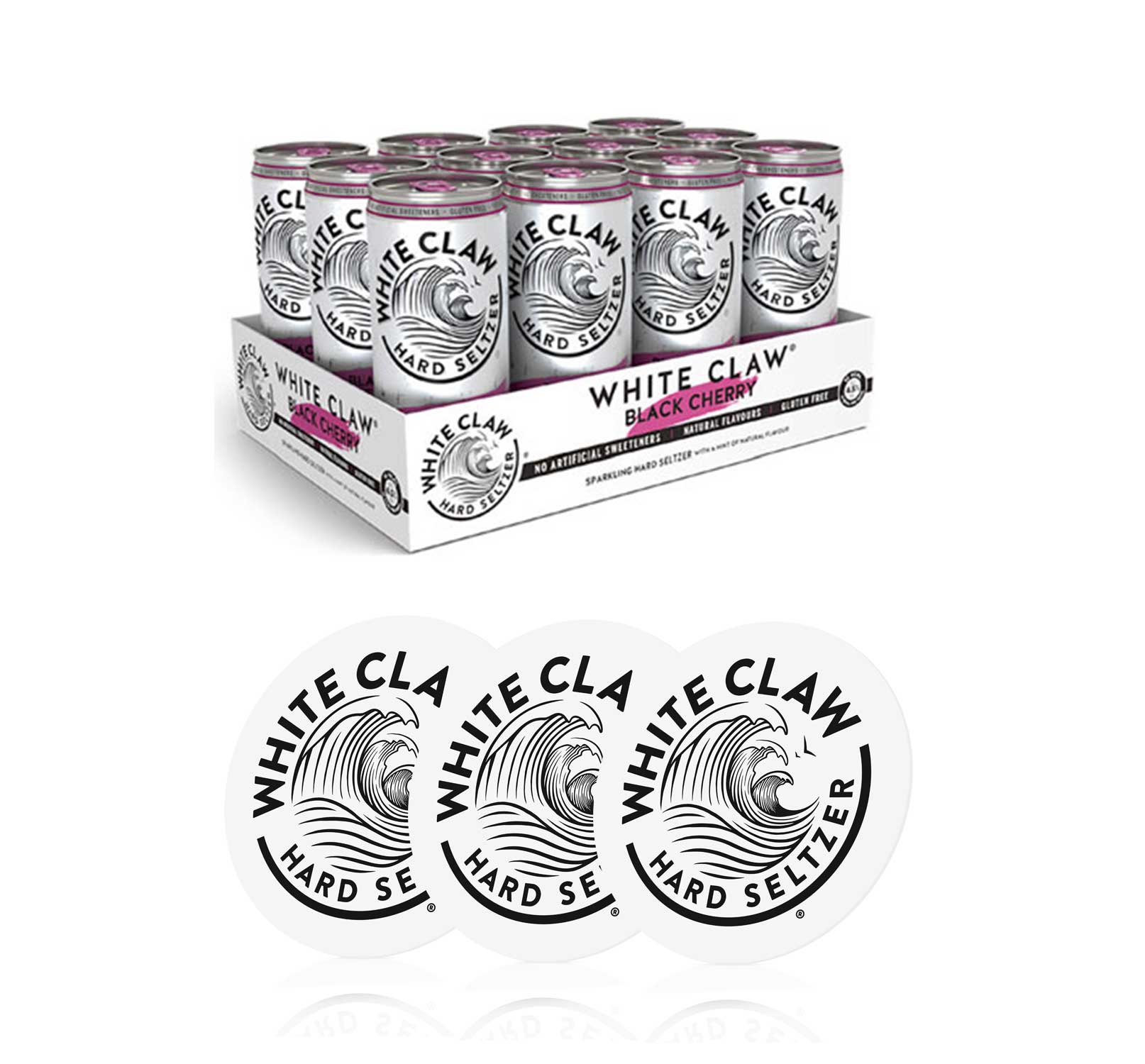 White Claw Black Cherry 12er Set je 330ml (4,5% Vol) + 3 Untersetzer ready to drink / Longdrink sparkling hard seltzer  - [Enthält Sulfite]