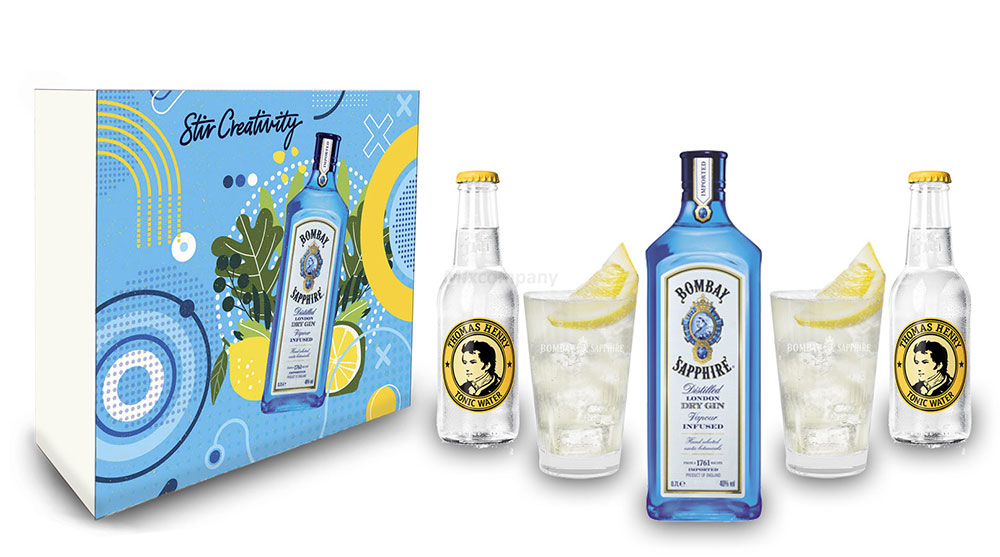 Bombay Sapphire Gin Tonic Set / Geschenkset - Bombay Sapphire London Dry Gin 0,7l 700ml (40% Vol.) + 2x Thomas Henry Tonic Water 200ml + 2x Gläser - Inkl. Pfand MEHRWEG