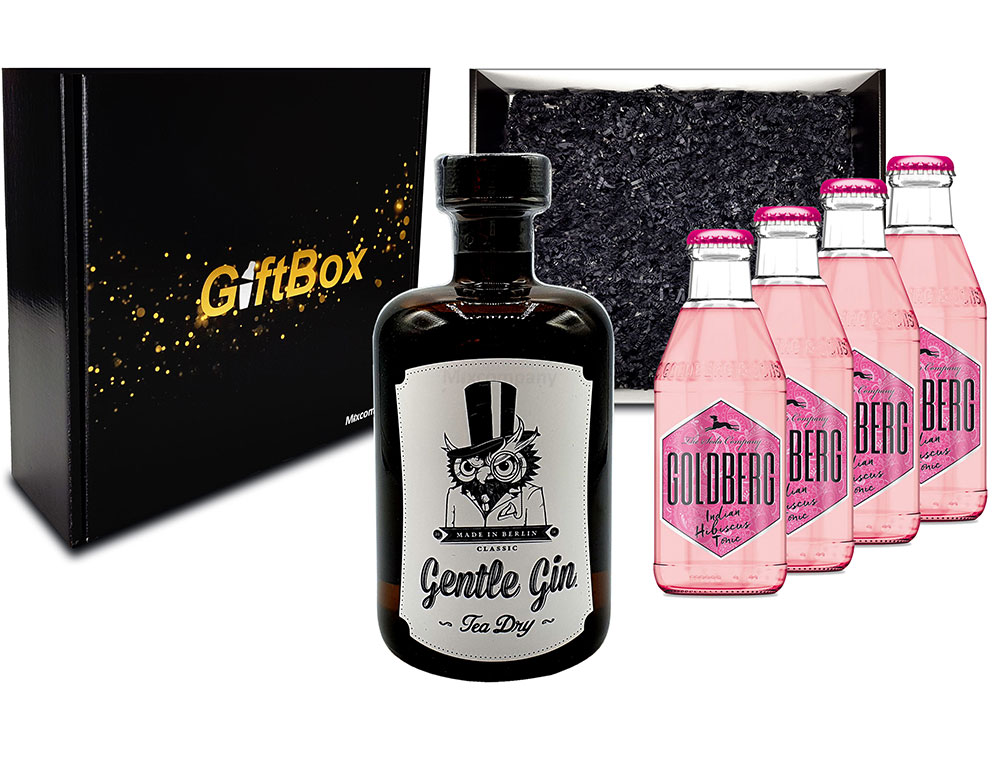 Mixcompany Giftbox - Gin Tonic Set - Gentle Gin Tea Dry 0,5l (47% Vol) + 4x Goldberg Hibiscus Tonic Water 200ml inkl. Pfand MEHRWEG - in Geschenkverpackung- [Enthält Sulfite]