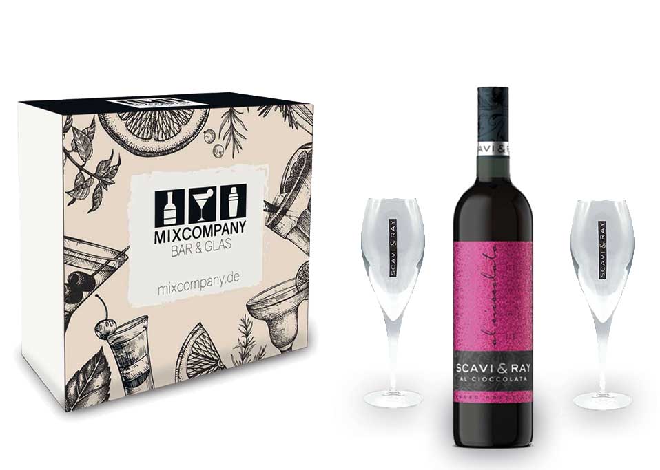 Scavi & Ray Giftbox Geschenkset - Scavi & Ray Al Cioccolata Rosso Prestige 0,75l (10% Vol) + 2x Flöten (10cl) -[Enthält Sulfite]
