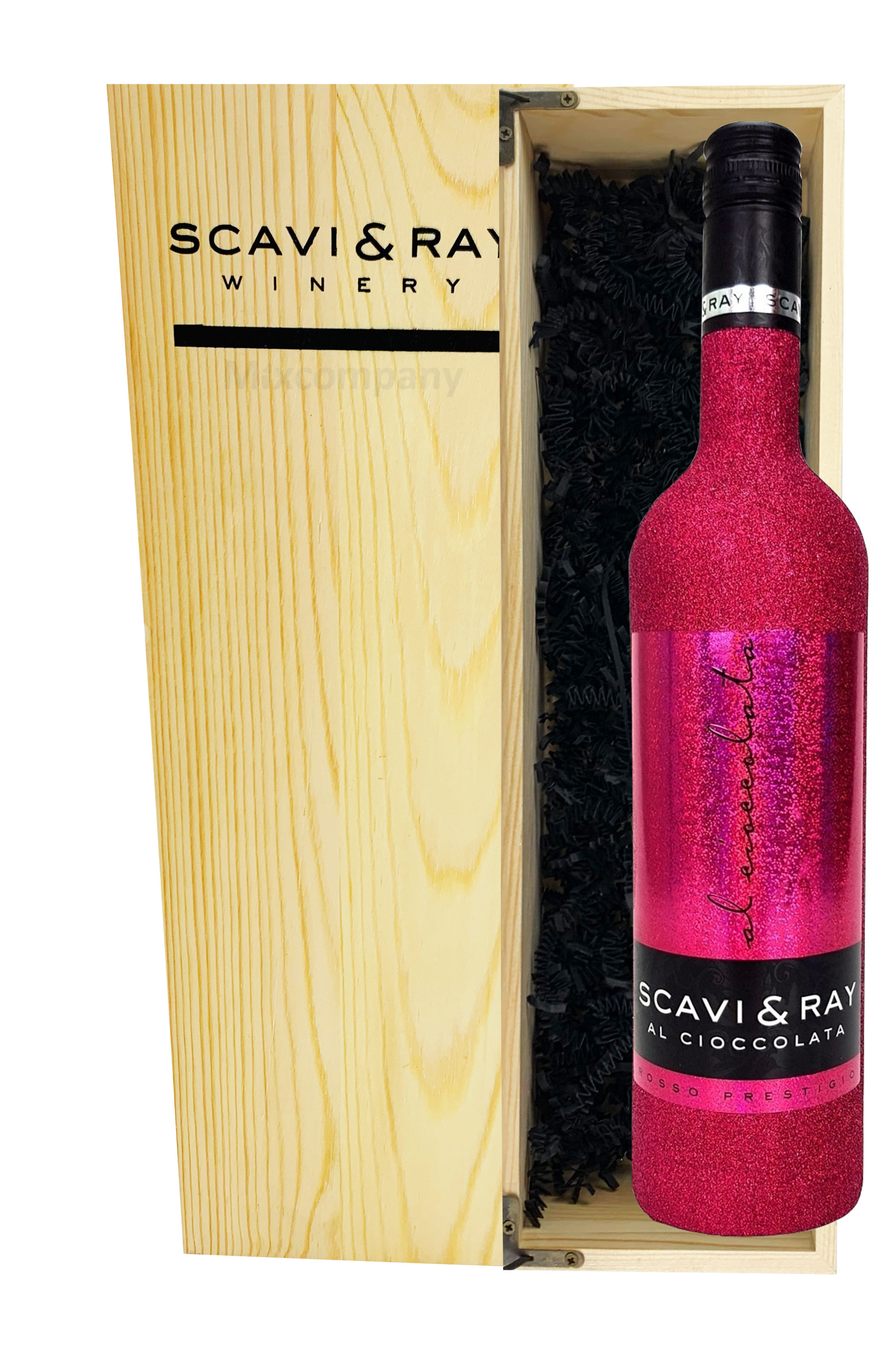 Scavi & Ray Giftbox Geschenkset - Scavi & Ray Al Cioccolata Rotwein Cuvèe 0,75l (10% Vol) Bling Bling Glitzer Glitzerflasche Hot Pink mit Holzkiste - [Enthält Sulfite]