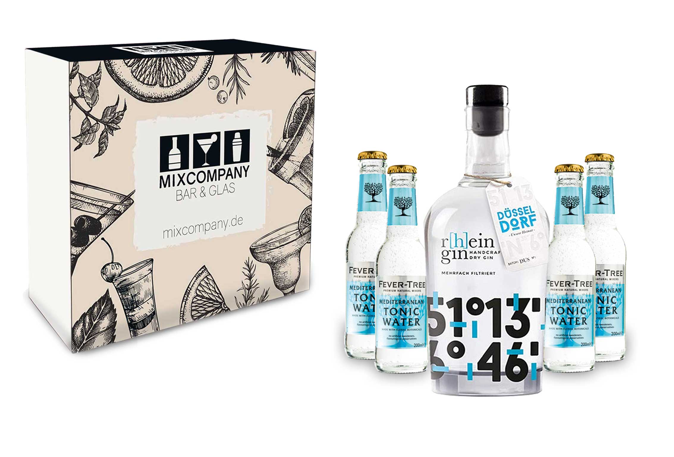 r[h]eingin Handcrafted Geschenkset - Dry Gin 0,5l 500ml (46% Vol) + 4x Fever-Tree Mediterranean Tonic Water 0,2 MEHRWEG inkl. Pfand Gin Tonic Bar- [Enthält Sulfite]