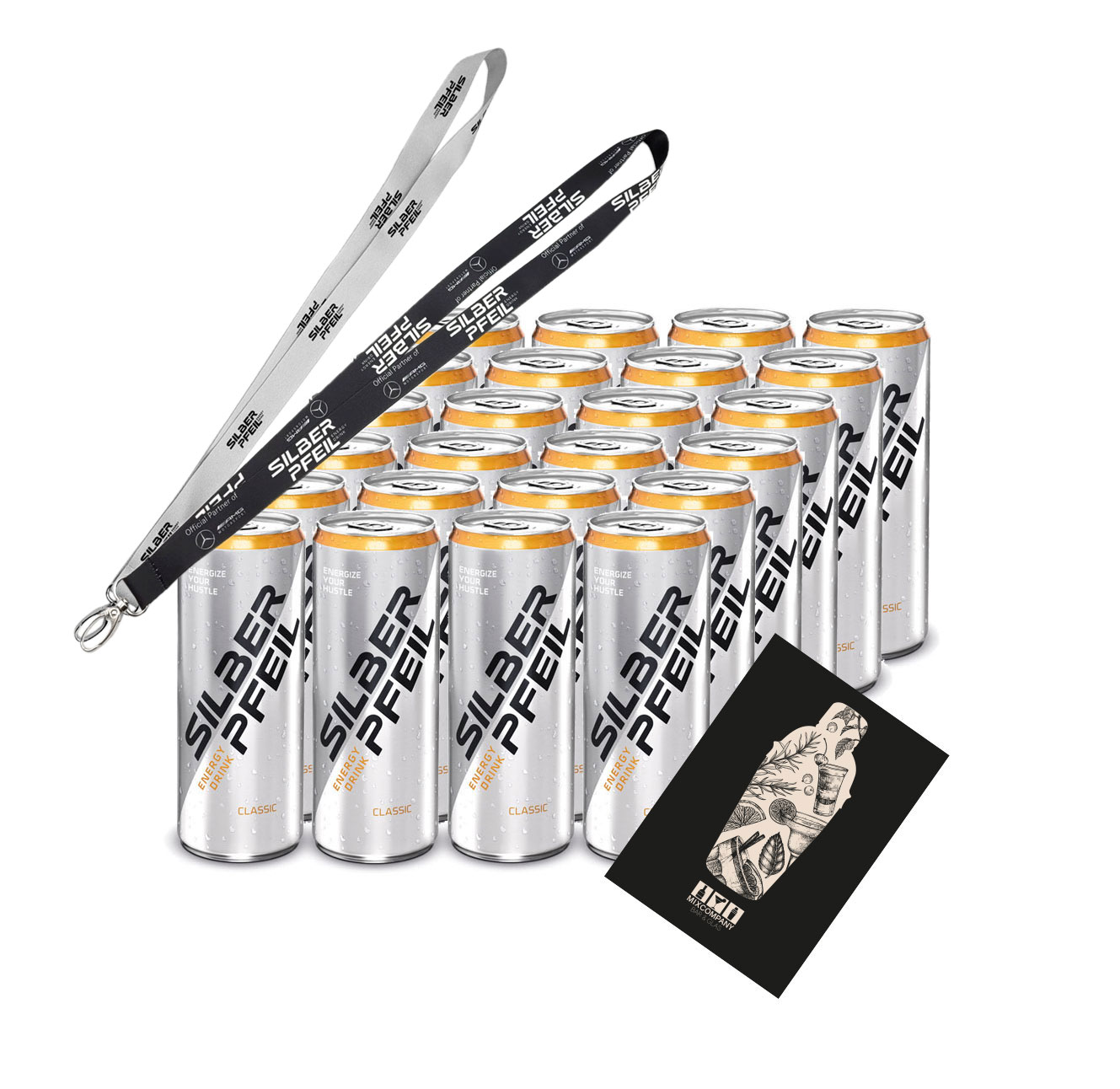 Silberpfeil 24er Set Energy Drink Classic Koffeinhaltiges Getränk 24x 0,25L inkl. Pfand EINWEG+ 1x Schlüsselband Lanyard