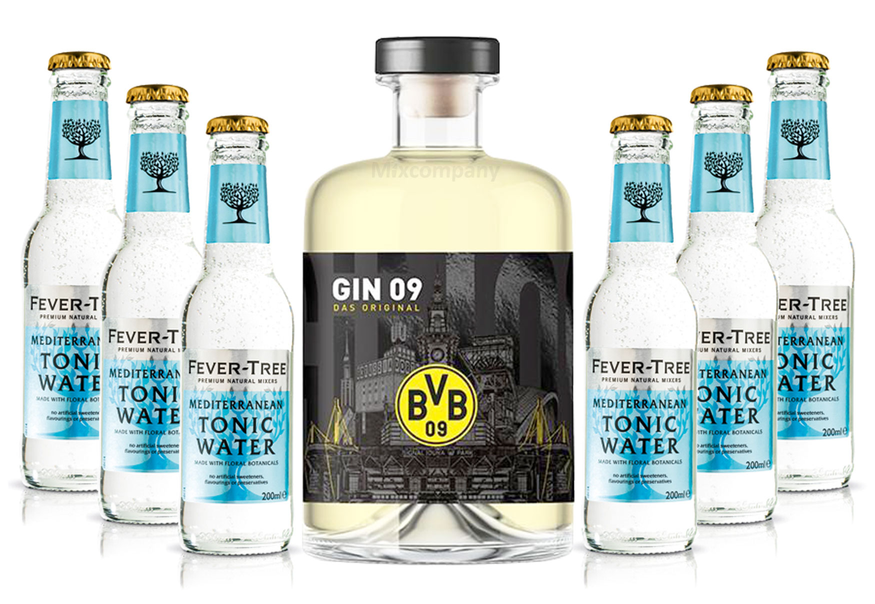 BVB Gin 09 Das Original 0,5l 500ml (43% Vol) + 6xFever-Tree Mediterranean Tonic Water 0,2 MEHRWEG inkl. Pfand - [Enthält Sulfite]