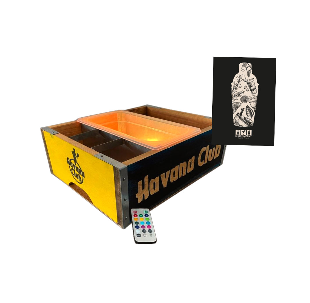 Havana Club Rum Ron Barcaddy aus Holz mit LED Beleuchtung Holzkiste mit verstellbarem Licht Kühler Box