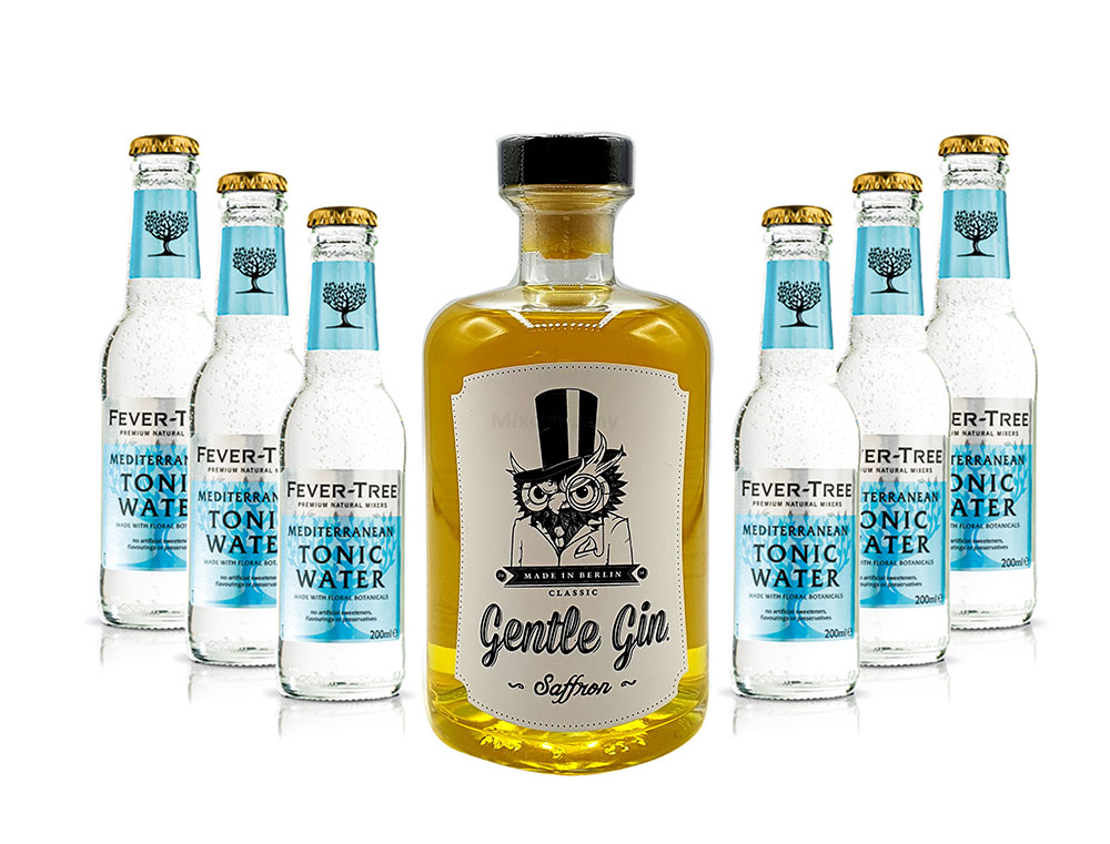 Gin Tonic Set - Gentle Gin Saffron 0,5l (40% Vol) + 6x Fever-Tree Mediterranean Tonic Water 200ml inkl. Pfand MEHRWEG -[Enthält Sulfite]