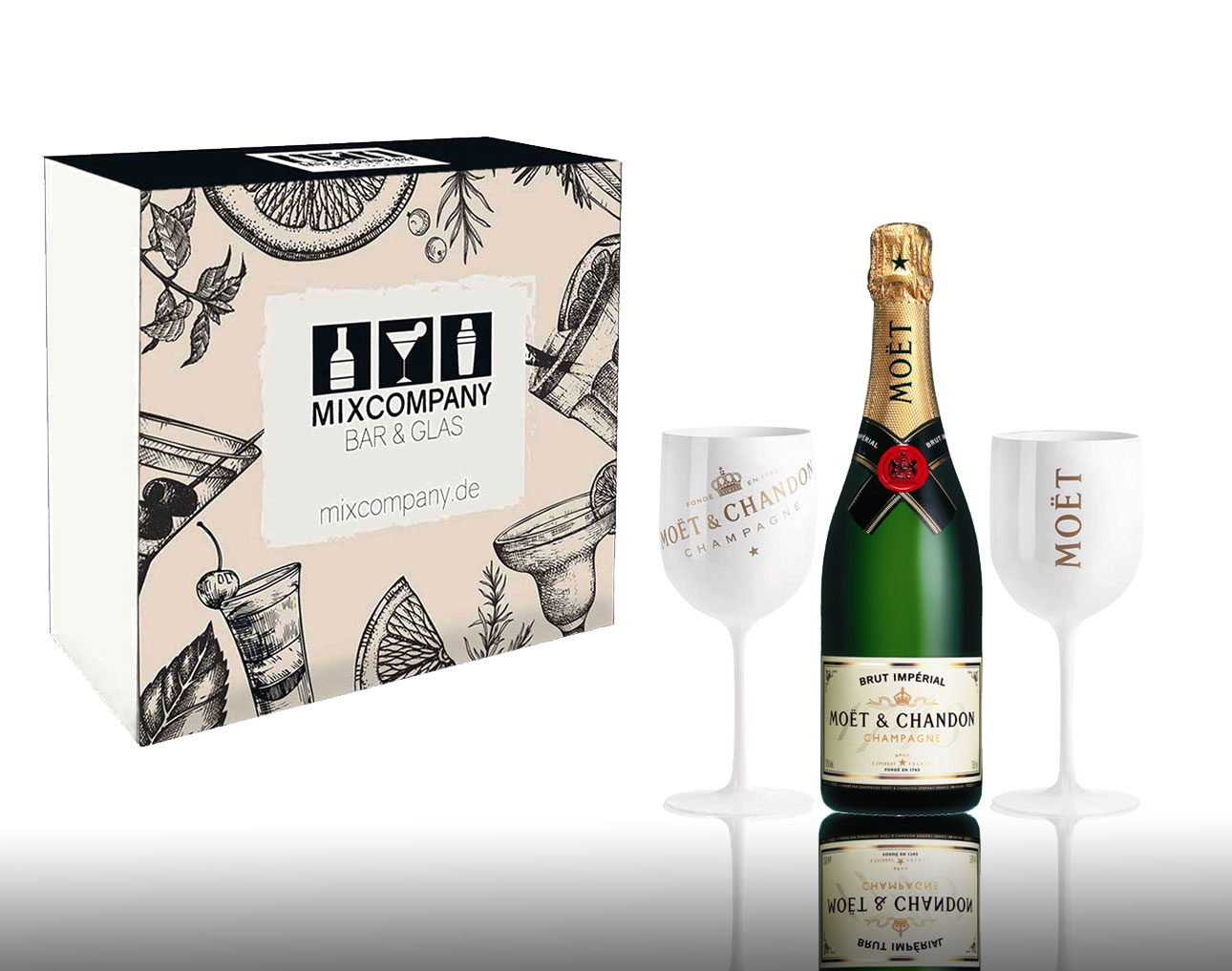 Moet Geschenkset - Moet & Chandon Brut Imperial Champagner 0,75l (12% Vol) + 2er Set Becher in weiß/gold Champagne Becher Kelche -[Enthält Sulfite]