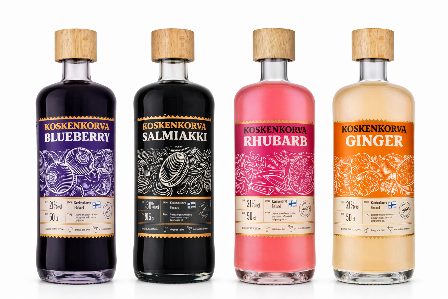 Koskenkorva Likör Set 4x 0,5L – Blueberry, Salmiakki, Rhubarb & Ginger – Finnische Likörvielfalt mit 21% Vol.- [Enthält Sulfite]