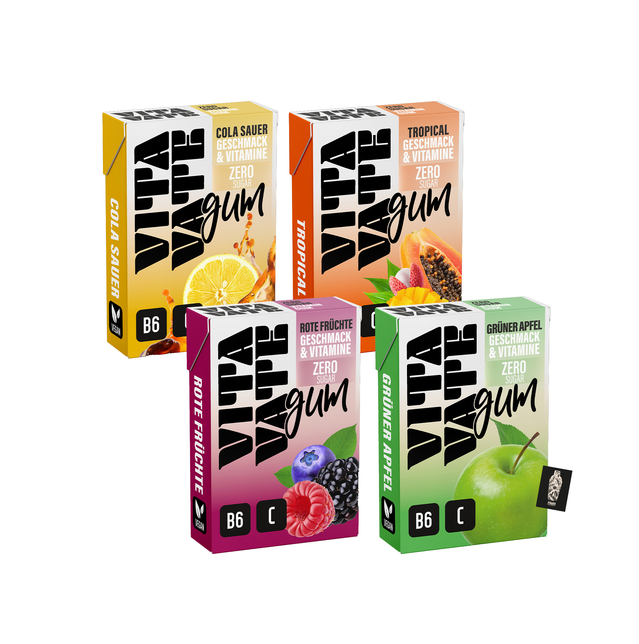 Vitavate Kaugummi 4er - Probierset Cola Sauer, Tropical, Rote Früchte, Grüner Apfel Gum Zero Sugar mit Vitamin B6 und Vitamin C inkl. Mixcompany Postkarte