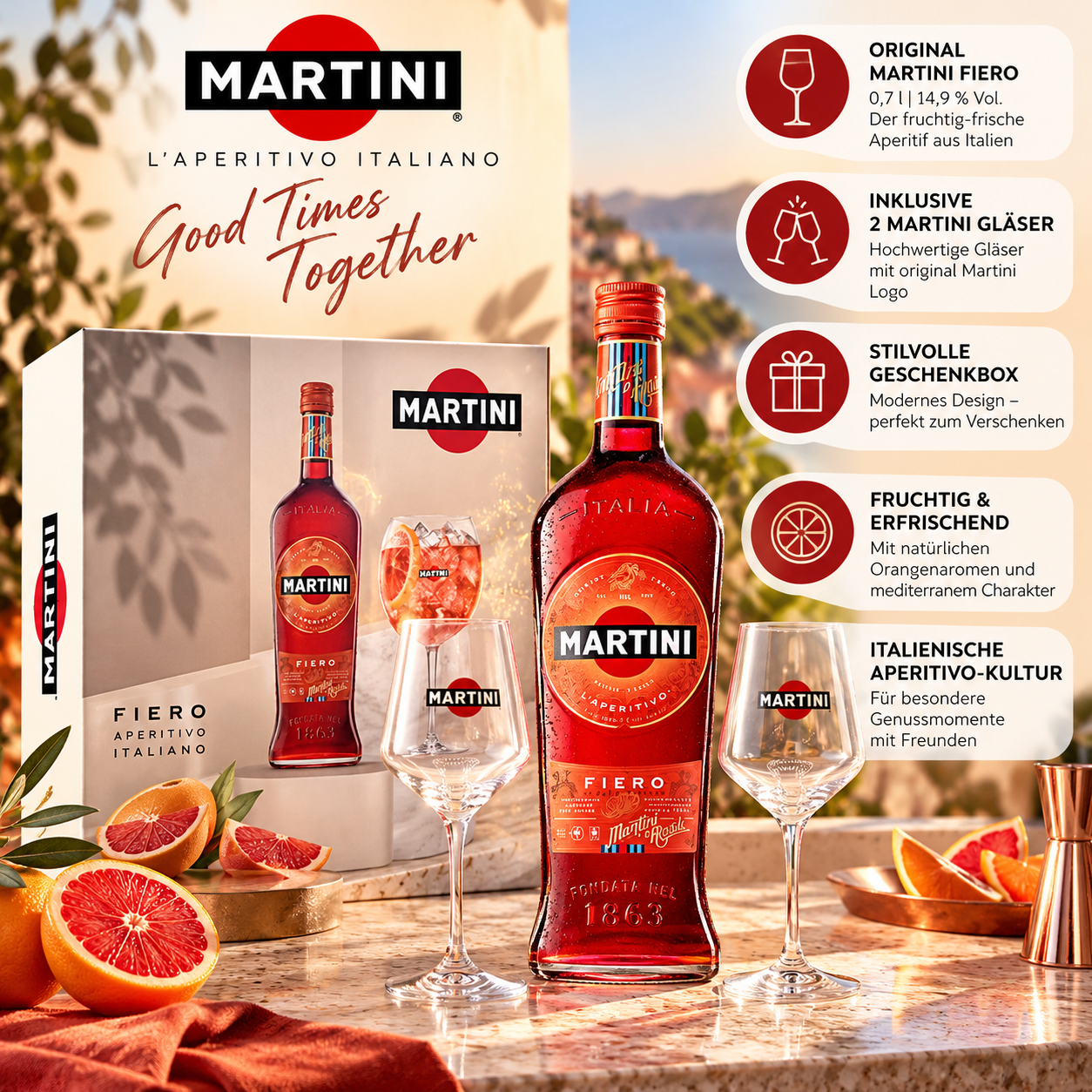 Martini Fiero Geschenkset - Martini Fiero 0,75L 14,4% Alk. + 2 x Martini Gläser nicht geeicht mit Geschenkbox