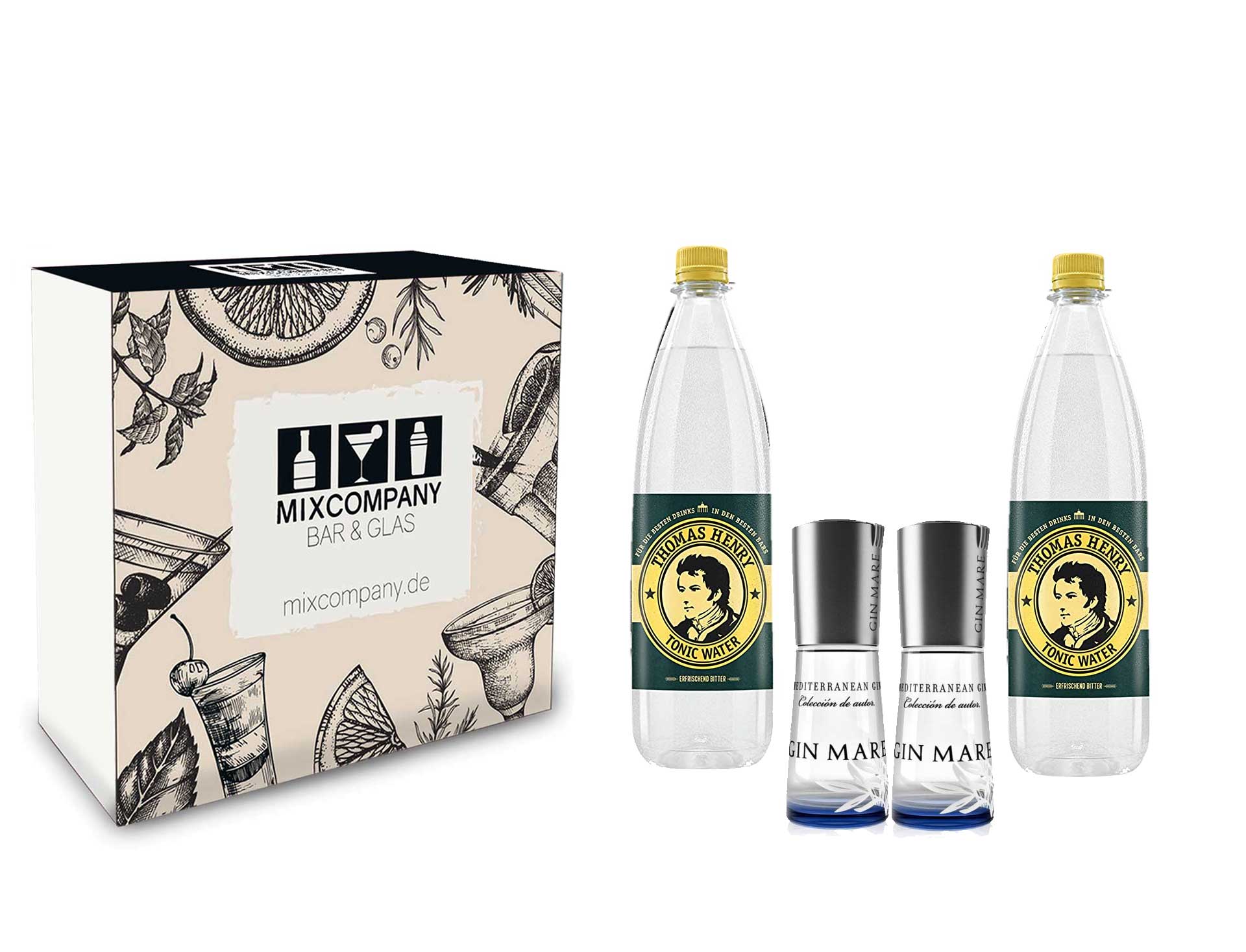 Gin Mare Gin tonic Set / Geschenkset - 2x Gin Mare Mediterranean Miniatur 100ml (42,7% vol ) + 2x Thomas Henry Tonic Water 1000ml - Inkl. Pfand MEHRWEG