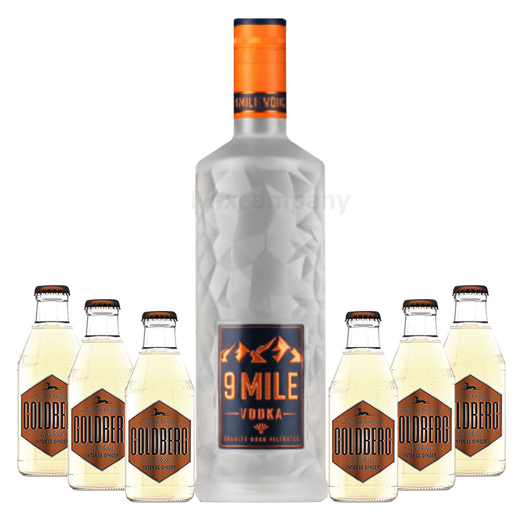 M9 Mile Vodka Wodka 0,7l (37,5% Vol) LED beleuchtet + 6x Goldberg Intense Ginger 200ml - Inkl. Pfand MEHRWEG Moscow Mule Set - [Enthält Sulfite]