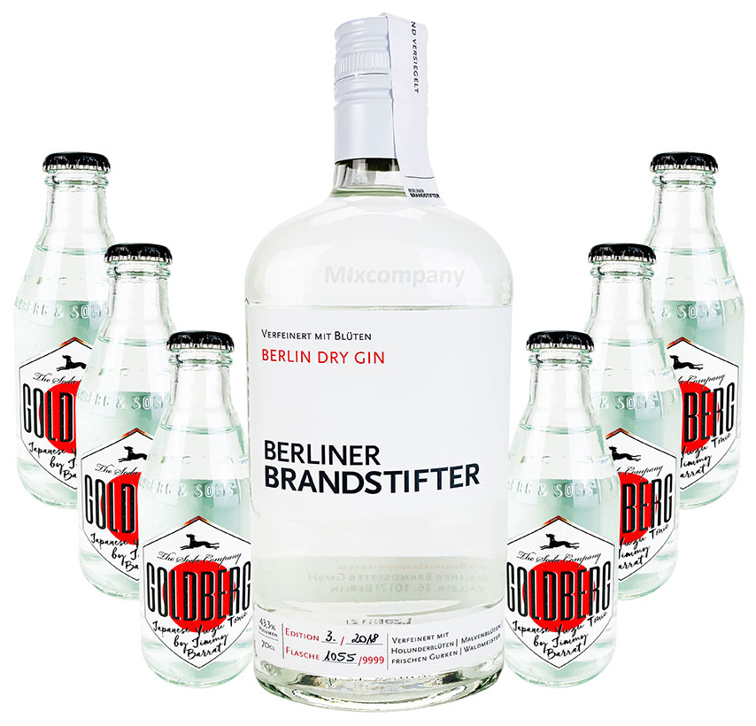 Brandstifter Berlin Dry Gin 0,7l (43,3% Vol) + 6x Goldberg Japanese Yuzu Tonic 0,2l MEHRWEG Bar Longdrink Cocktail Sammlung Gin Tonic inkl. PFAND- [Enthält Sulfite]