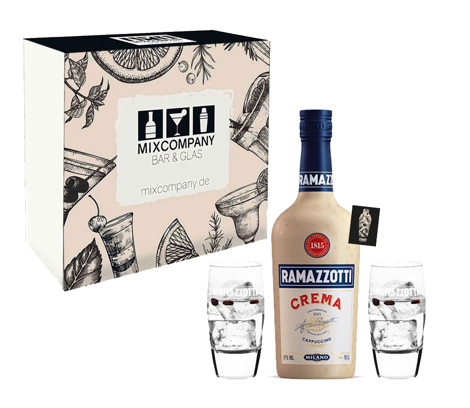 Ramazzotti x Mixcompany Geschenkset Ramazzotti Crema 1815 Cappuccino Creme 0,7L (17% vol) Cappuccino Likör aus Italien Milano inkl. Ramazzotti Crema 1815 Glas bauchig Gläserset - 2er Set Gläser 2/4cl geeicht - [Enthä