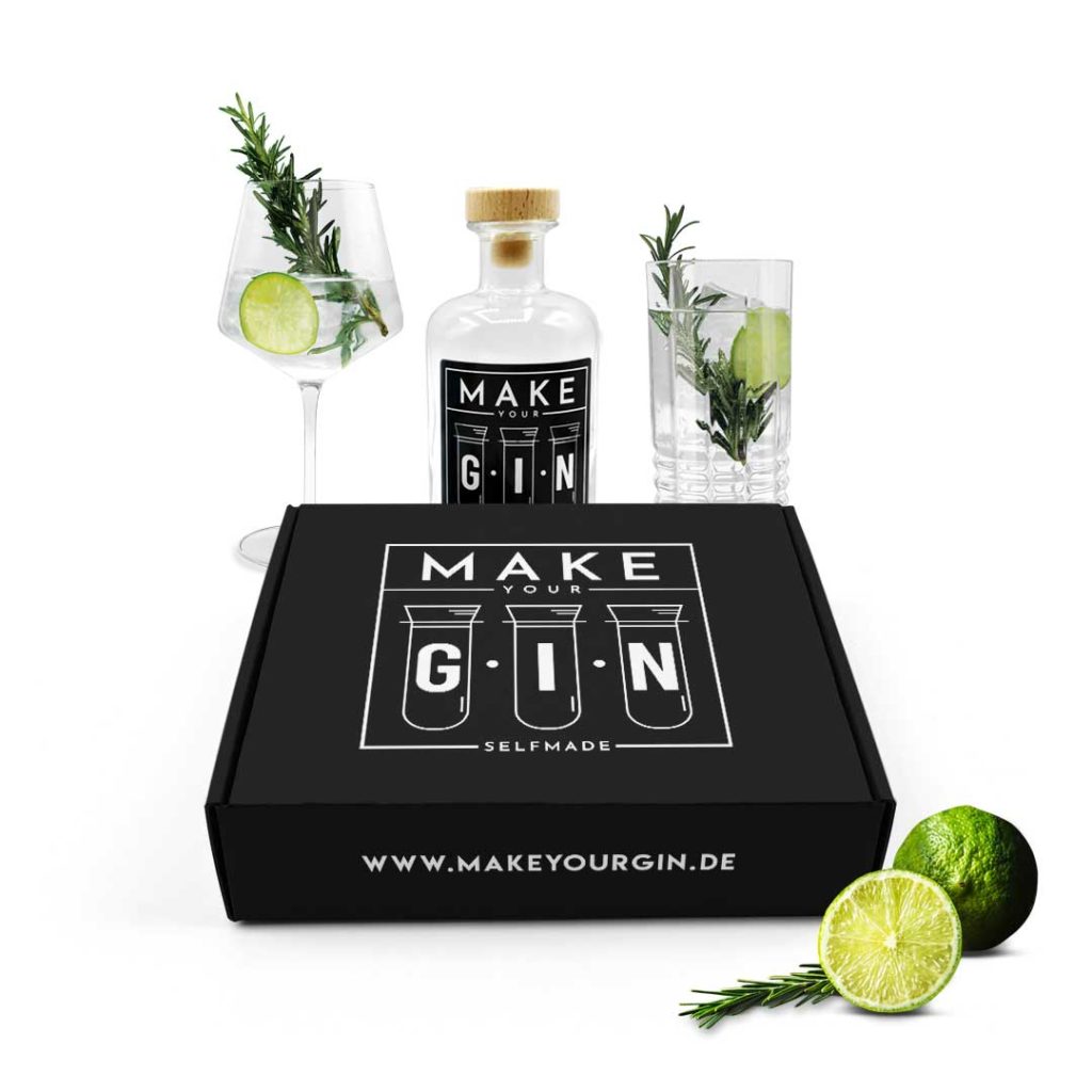 Longdrinkglas in Kristall Optik - 6er Set Gläser + Make Your Gin Geschenkset weiß Geschenkbox Gin zum Selbermachen - 11 Botanicals + Bar Trichter + Anleitung mit Rezept