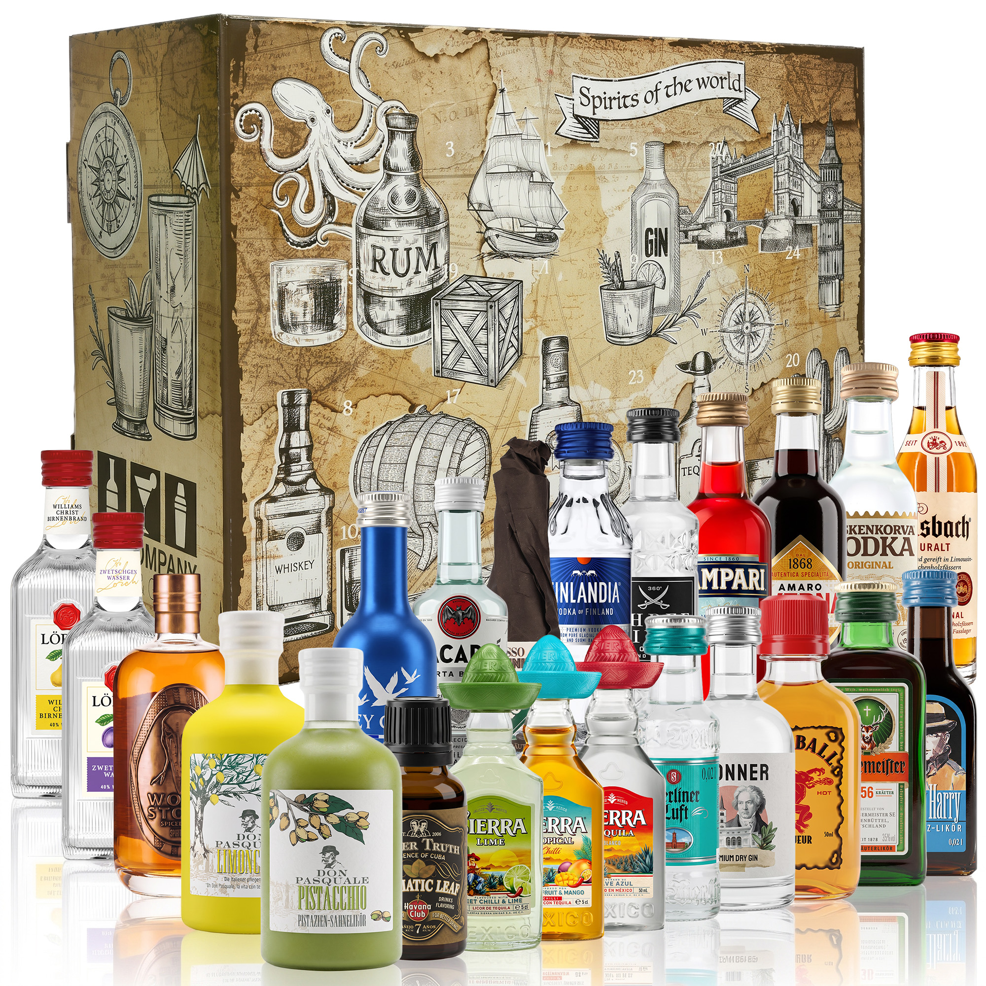 Spirituosen Adventskalender mit 24 originalen Miniatur Spirituosen wie Grey Goose Vodka, Bacardi Rum, Jägermeister und Sierra Tequila vor Geschenkbox