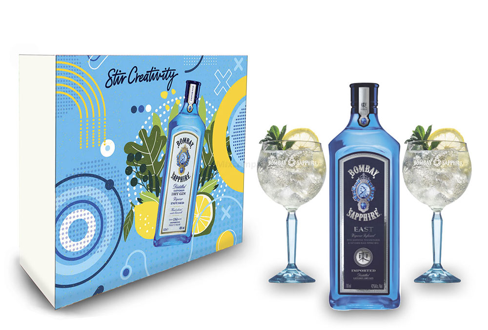 Bombay Geschenkset - Bombay Sapphire EAST Gin 0,7L (42% Vol) + 2er Set Ballon Glas / Gläser- [Enthält Sulfite]