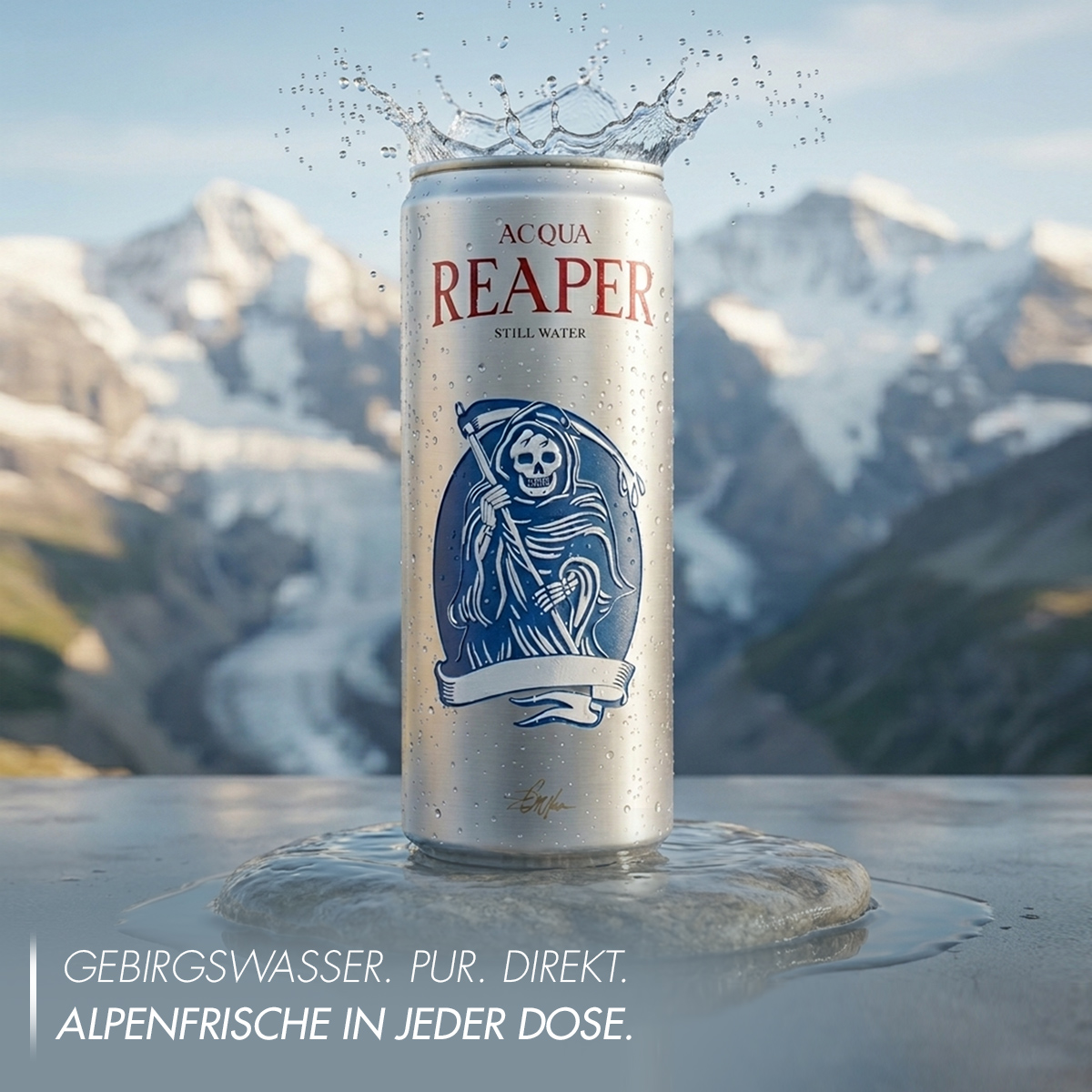 Eine Dose Acqua Reaper Still Water, aus der oben Wasser spritzt, vor einer atemberaubenden Bergkulisse. Ein reines Mineralwasser ohne Kohlensäure.