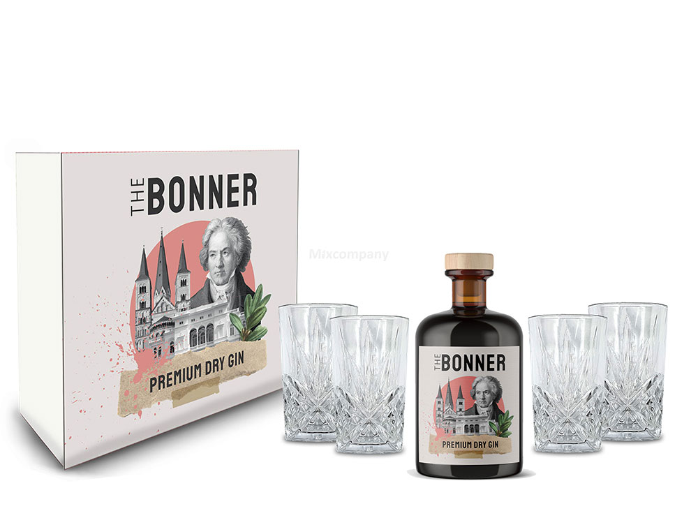 The Bonner Schuber Geschenkset - The Bonner Gin 0,5L (41% Vol) + 4x Longdrink Glas in Kristall Optik - [Enthält Sulfite]