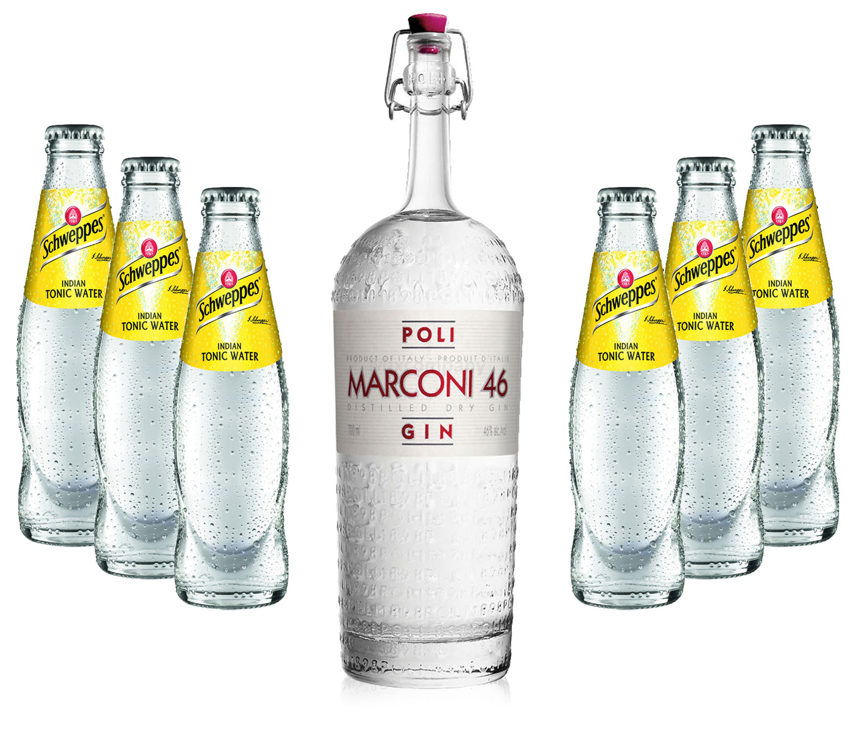 Gin Tonic Set - Marconi 46 Gin 0,7l 700ml (46% Vol) + 6x Schweppes Tonic Water 200ml inkl. Pfand MEHRWEG