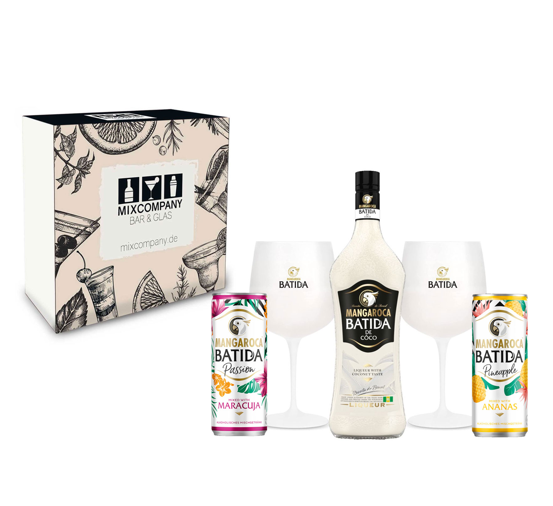 Batida de Coco Geschenkset Coconut Liqueur 0,7L (16% Vol) + 2x ready to drink / Passion + Pineapple je 0,25L (10% Vol) + 2x Batida Cocktail Ballon Glas- [Enthält Sulfite]