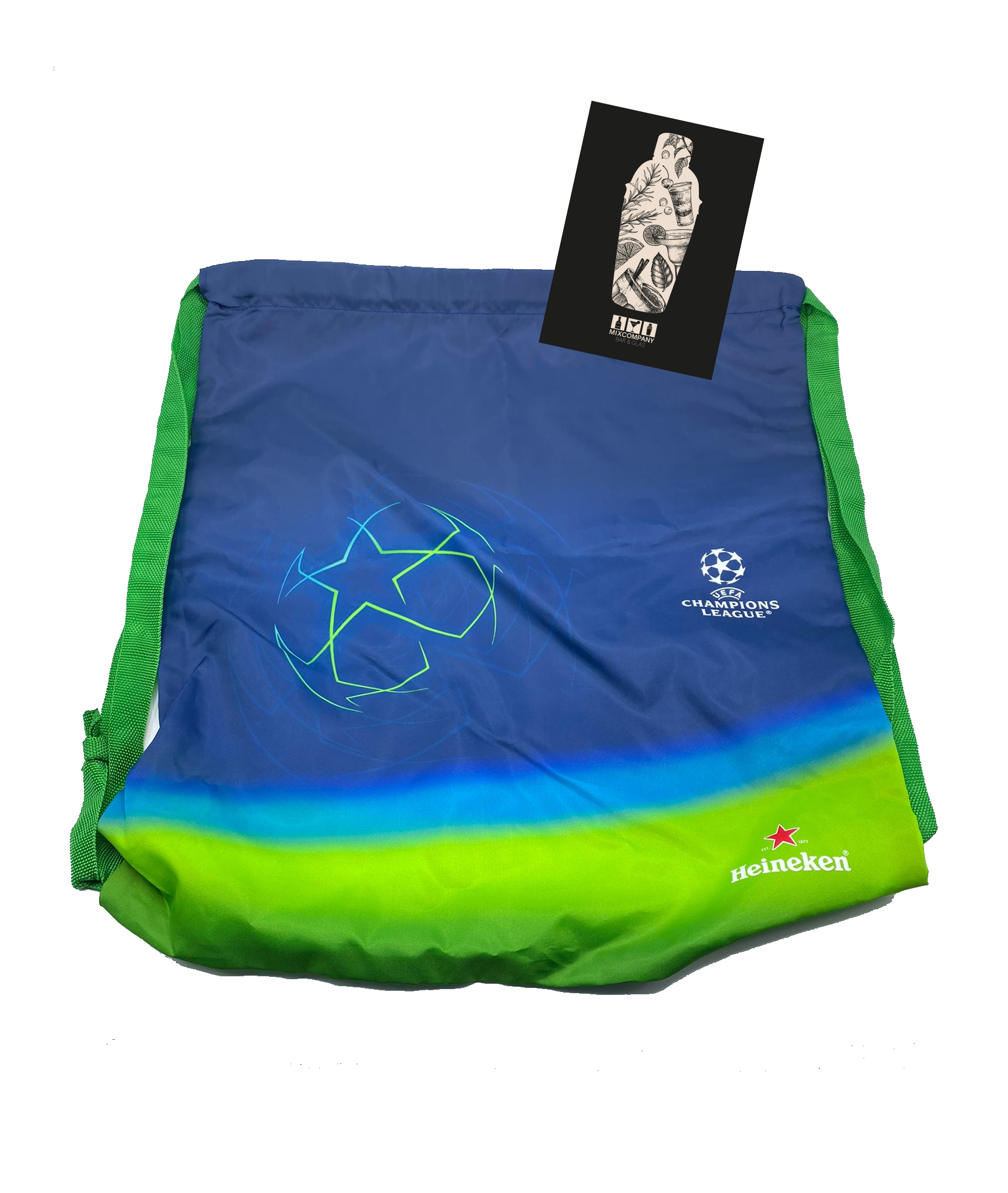 2x Heineken Rucksack Tasche Champions League Fußball Turnbeutel in blau/grün