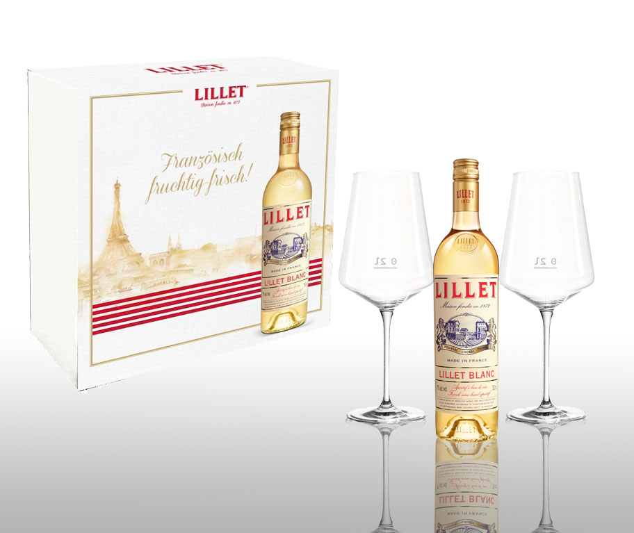 Lillet Schuber Geschenkset - Lillet Blanc Aperitiv de France 750ml (17% Vol) + 2 Wein Gläser mit 0,2L Eichung- [Enthält Sulfite]