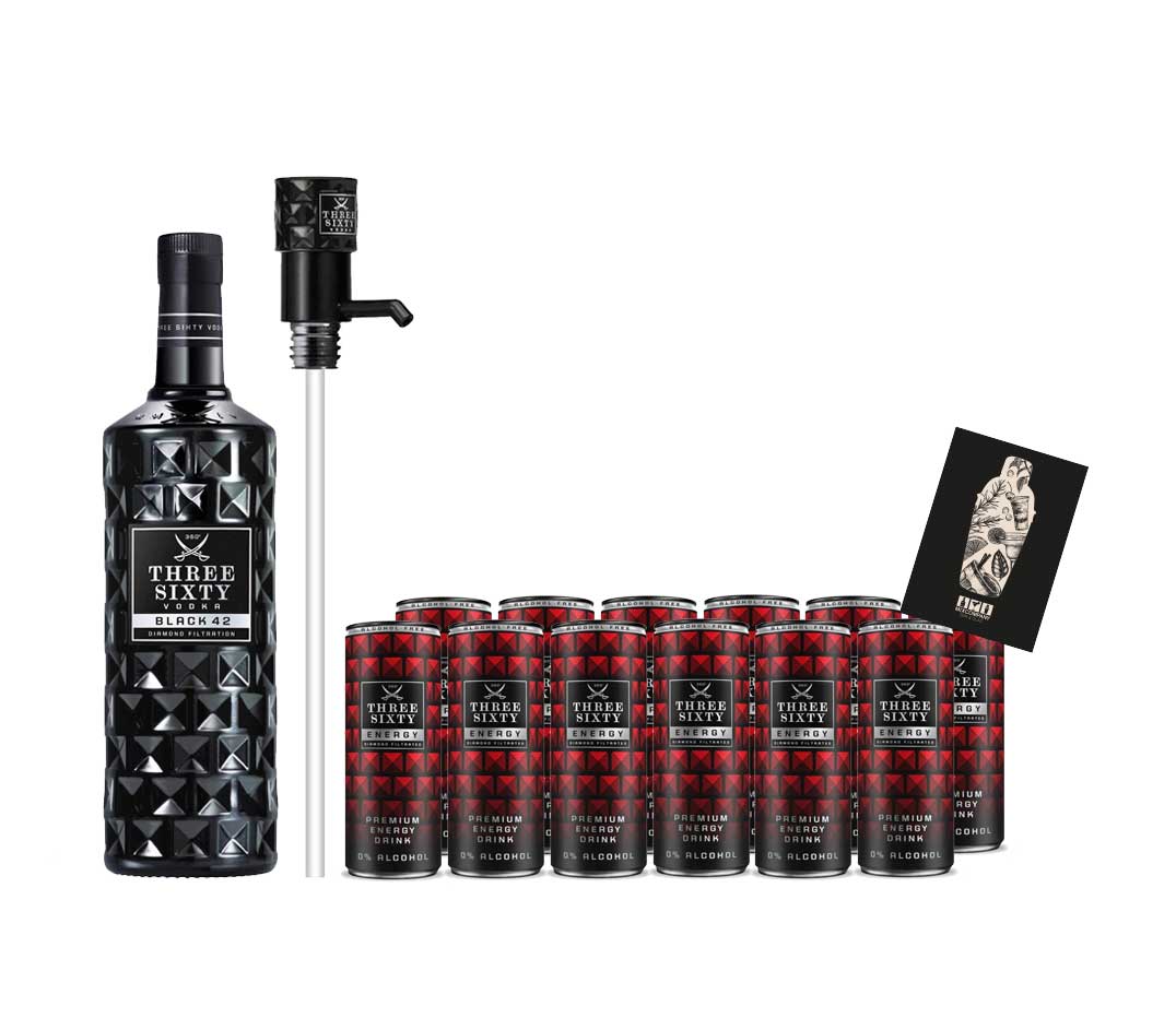 Three Sixty Black Set - Black Vodka Wodka 3L 3000ml (42% Vol) + Pumpe + 12x Three Sixty Energy Drink 250ml inkl. Pfand EINWEG- [Enthält Sulfite]