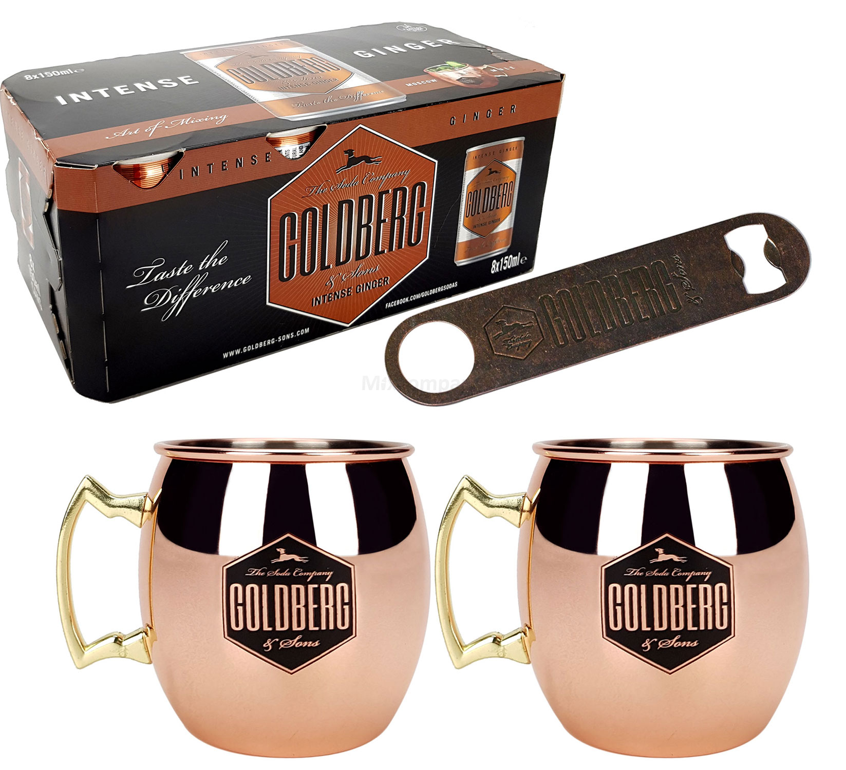 Goldberg Bar Set - 8x Goldberg Intense Ginger 150ml inkl. Pfand EINWEG + Flaschenöffner in Rost Optik + 2x Mule Becher