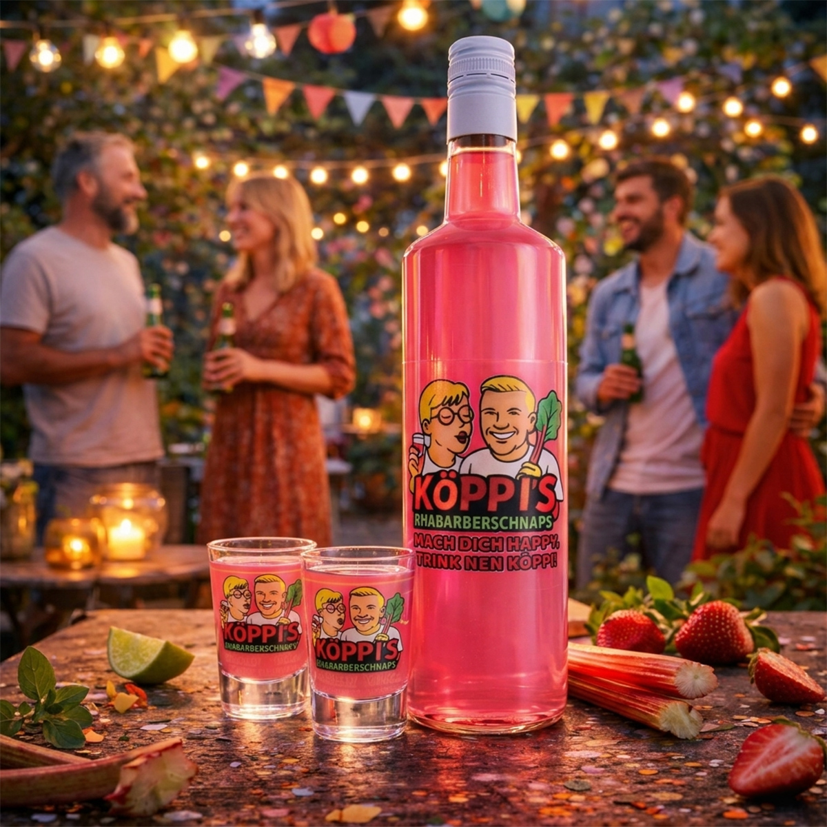 Eine Flasche und Shotgläser von KÖPPI'S Rhabarberschnaps auf einem rustikalen Holztisch bei einer Gartenparty am Abend. Im Hintergrund sind Gäste, Lichterketten und frischer Rhabarber zu sehen.