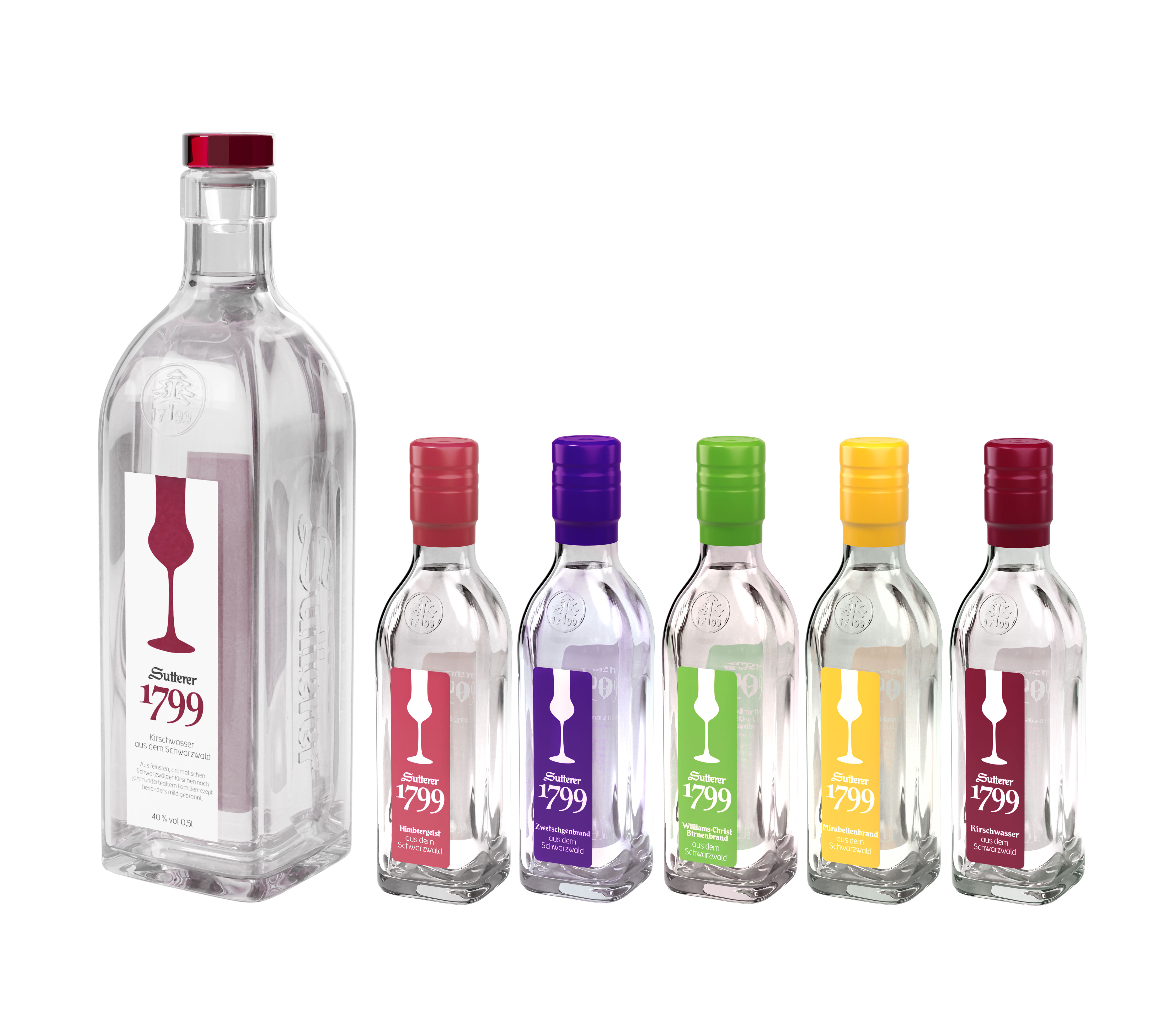Sutterer 1799 Angebot - Obstbrand Kirschwasser 0,5L (40% Vol)+ Miniatur tasting Set gratis 5x verschiedene Sorten Obstbrand je 5cl (40% Vol) - [Enthält Sulfite]