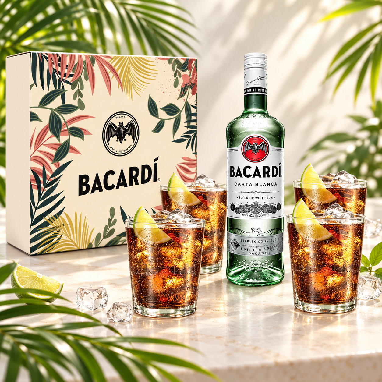Bacardi Geschenkset - Bacardi Carta Blanca Rum 0,7l 700ml (37,5% Vol) + 4er Set Plastik Becher- [Enthält Sulfite]