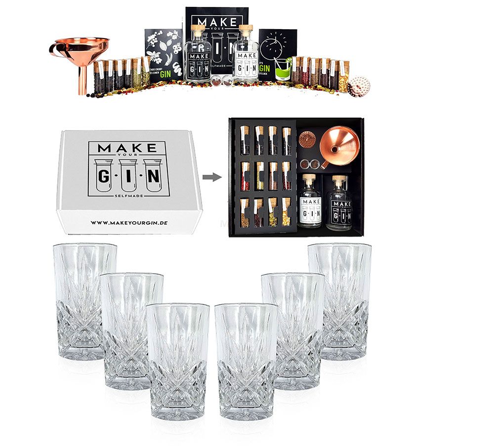 Longdrinkglas in Kristall Optik - 6er Set Gläser + Make Your Gin Geschenkset Geschenkbox Gin zum Selbermachen - 11 Botanicals + Bar Trichter + Anleitung mit Rezept