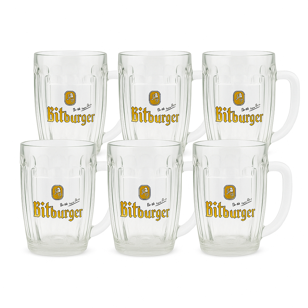 Bitburger 6er-Set Bierkrüge 0,3 L – Original Biergläser mit Logo – Klassische Krugform, geeicht