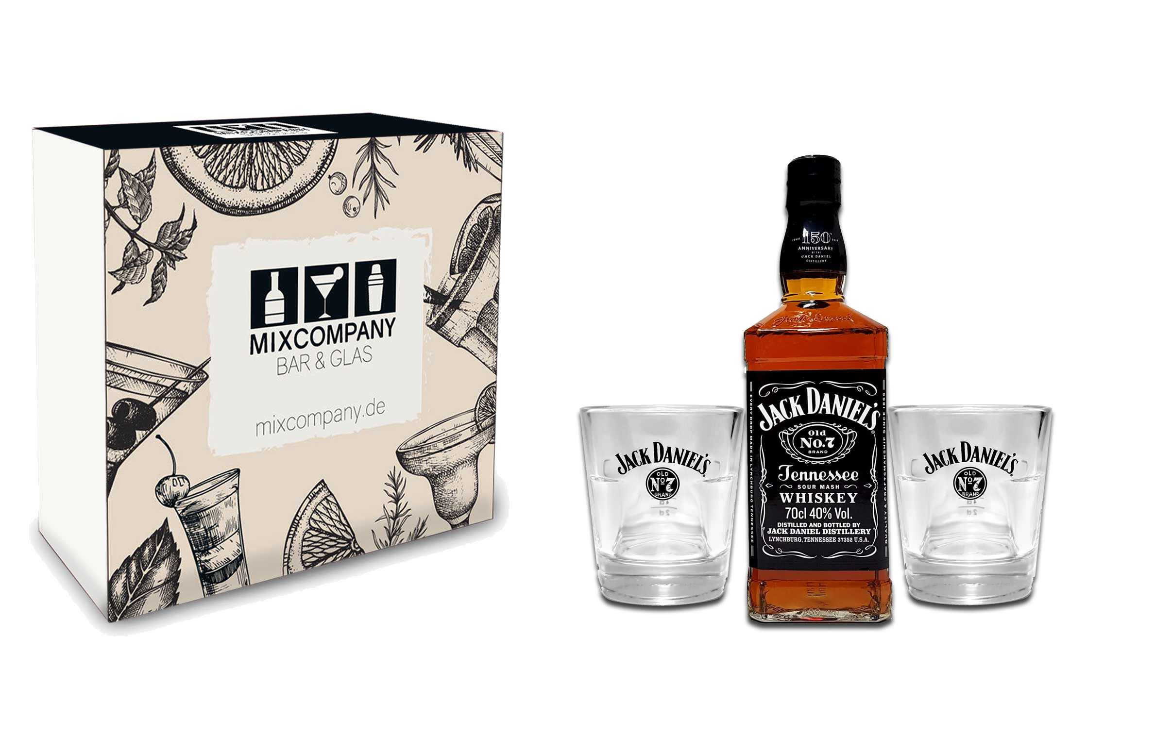 Jack Daniels - Whisky Geschenkset mit Tennessee Whiskey Old No.7 0,7L (40% Vol) + 2 Jack Daniels Tumbler - [Enthält Sulfite]