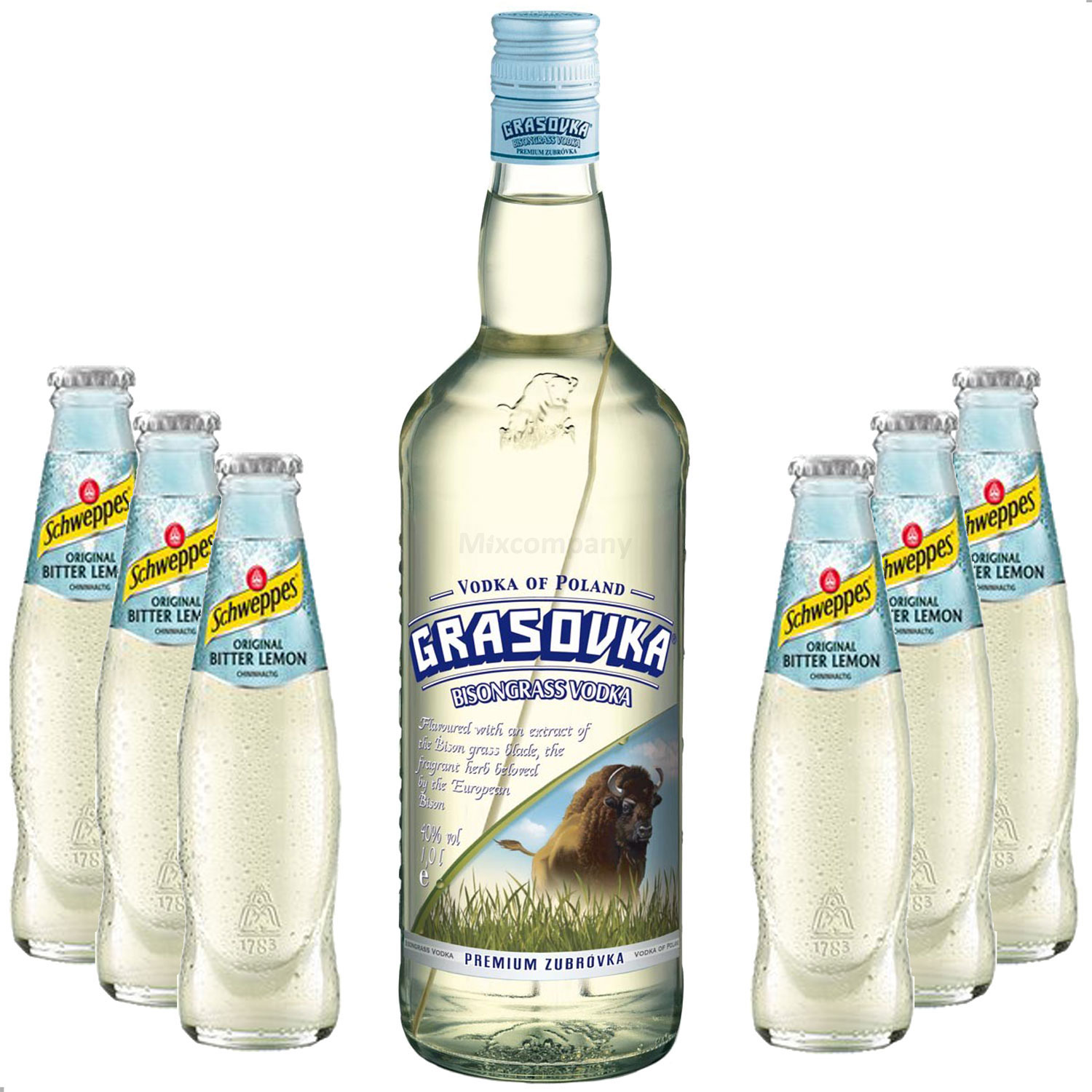 Vodka Lemon Set - Grasovka Vodka 1L (40% Vol) + 6x Schweppes Bitter Lemon 200ml - Inkl. Pfand MEHRWEG