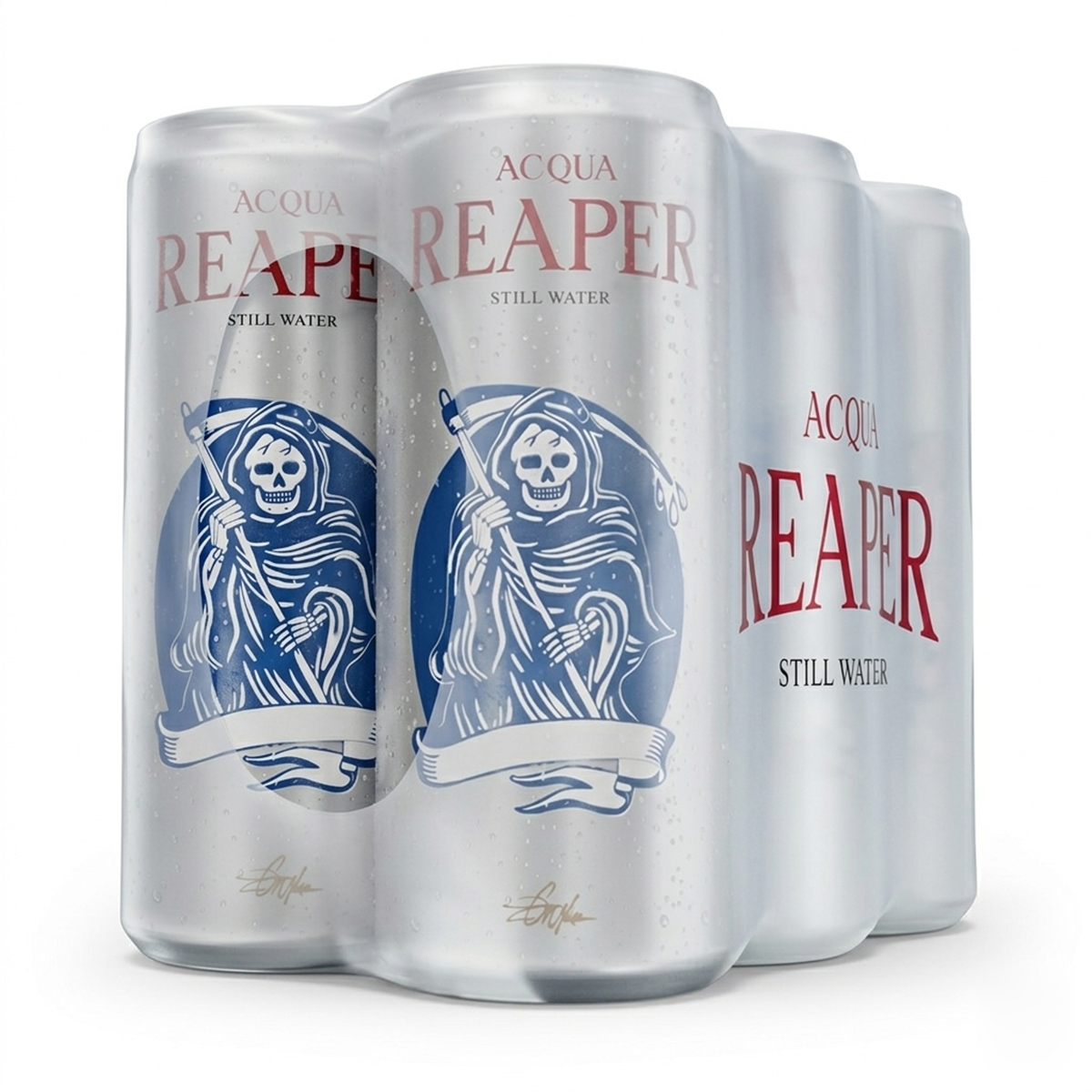 Ein eingeschweißter 6er Pack Acqua Reaper Getränkedosen mit Stilles Wasser. Ein natürliches Alpenwasser und Getränk in der Dose, perfekt für den Vorrat oder unterwegs.