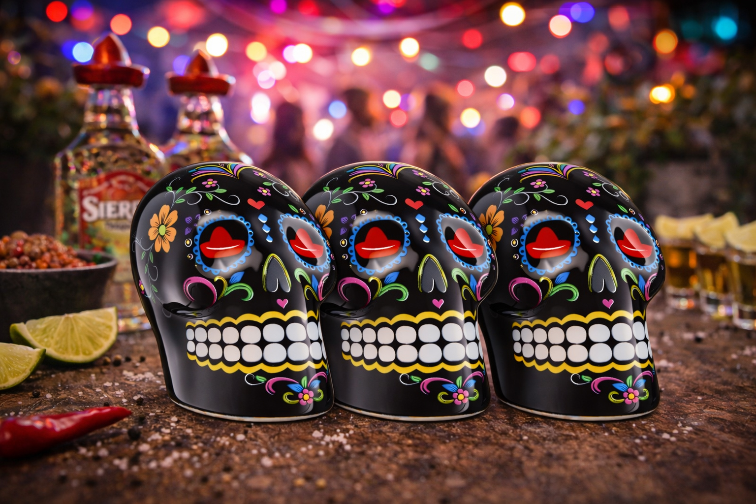Sierra Tequila 3er-Set Salz- & Zimtstreuer – 3× Skull Schwarz mit Sierra Logo