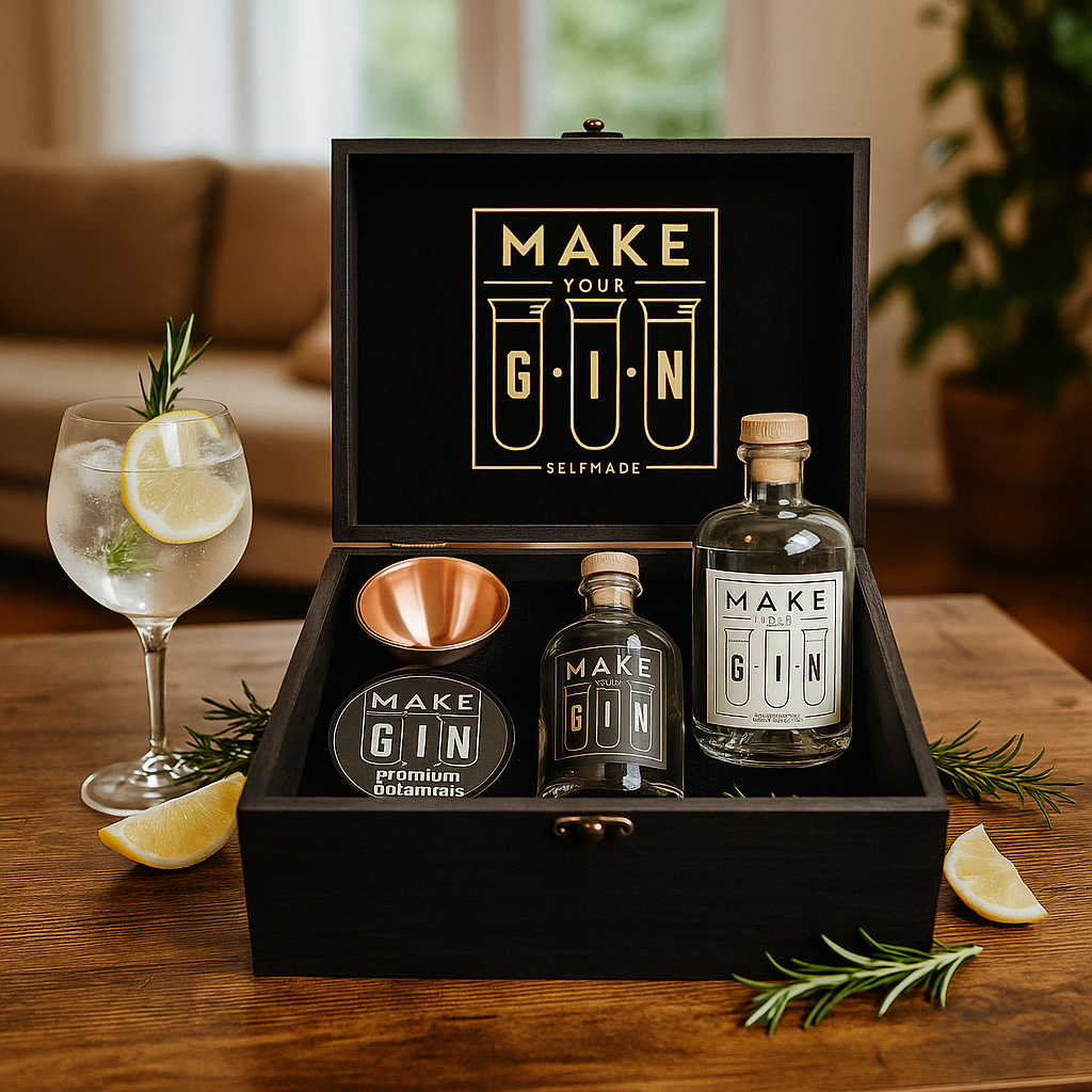 Make Your Gin – Exklusives Geschenkset in edler Holzbox | Gin zum Selbermachen mit 12 Botanicals, Trichter & Rezeptanleitung