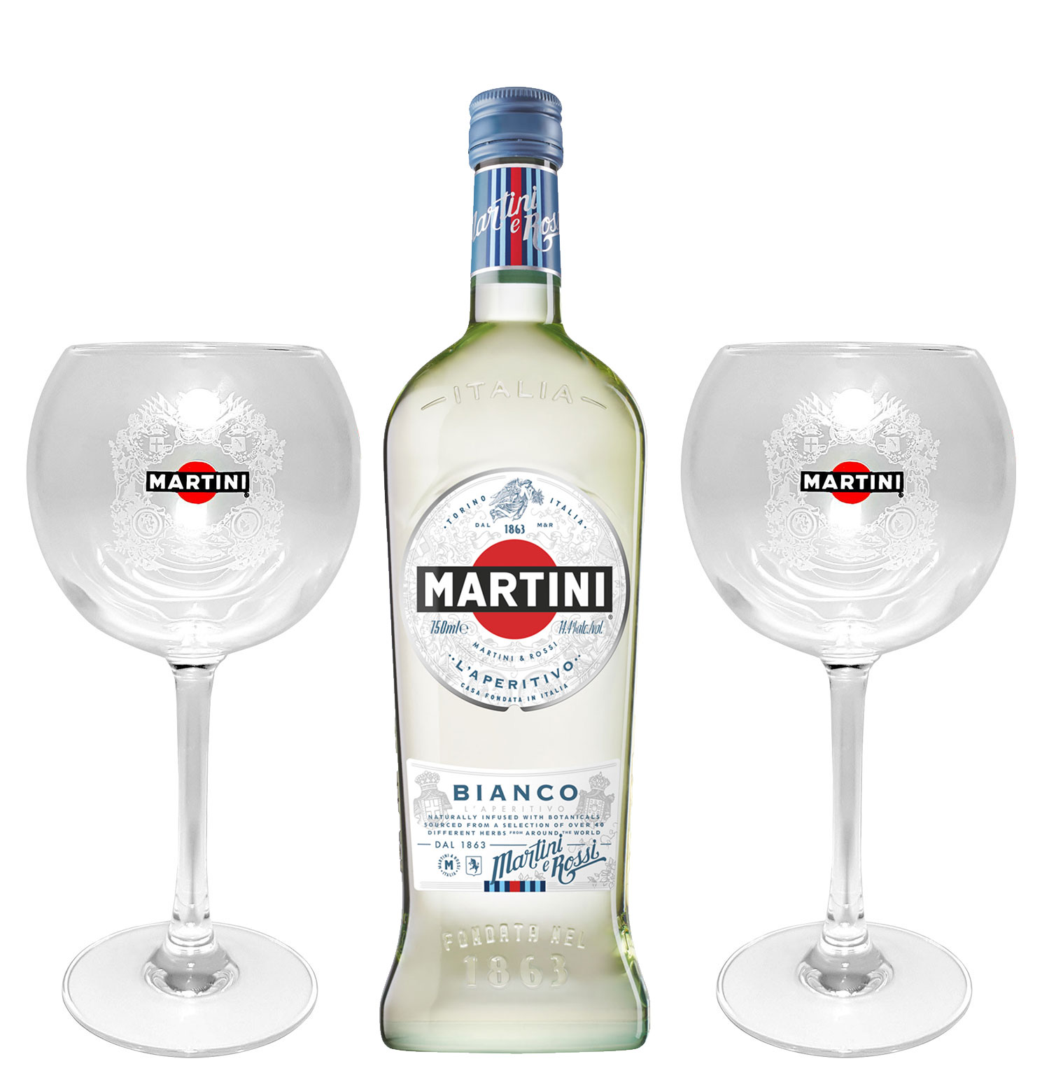 Martini Bianco 1,0l (14,4% Vol) + 2x Martini Ballon Gläser Glas Bar Longdrink- [Enthält Sulfite]